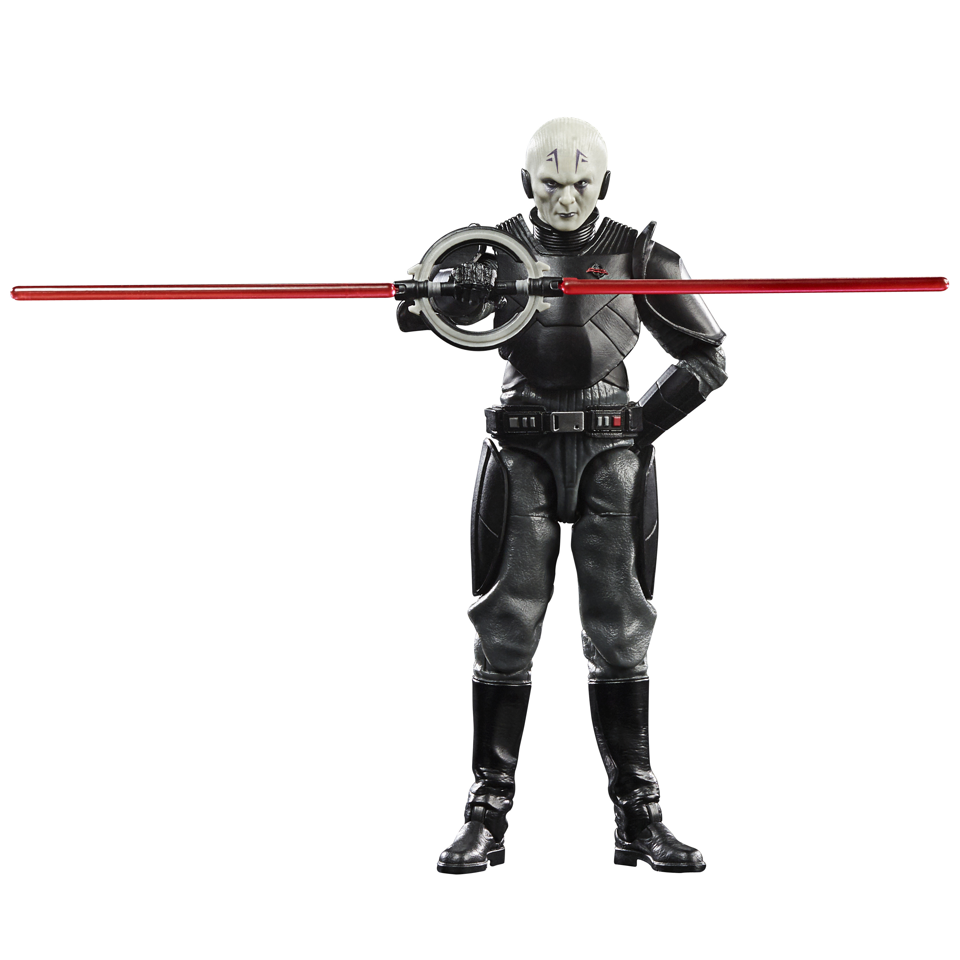 Figura di Star Wars: Inquisitore con spada laser rossa a doppia lama, in tuta nera.