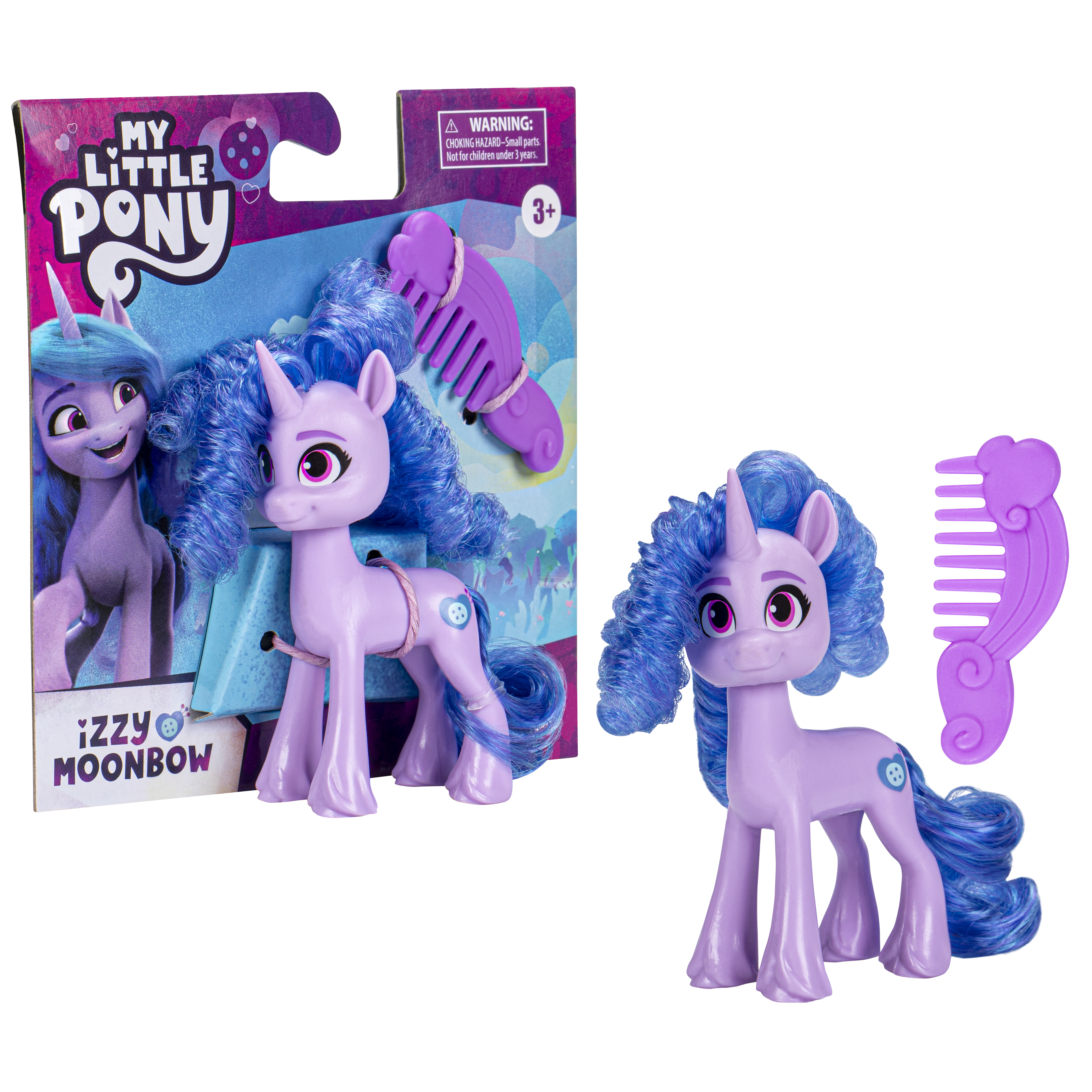 Fioletowa zabawka My Little Pony z grzebieniem i opakowaniem. Białe tło.