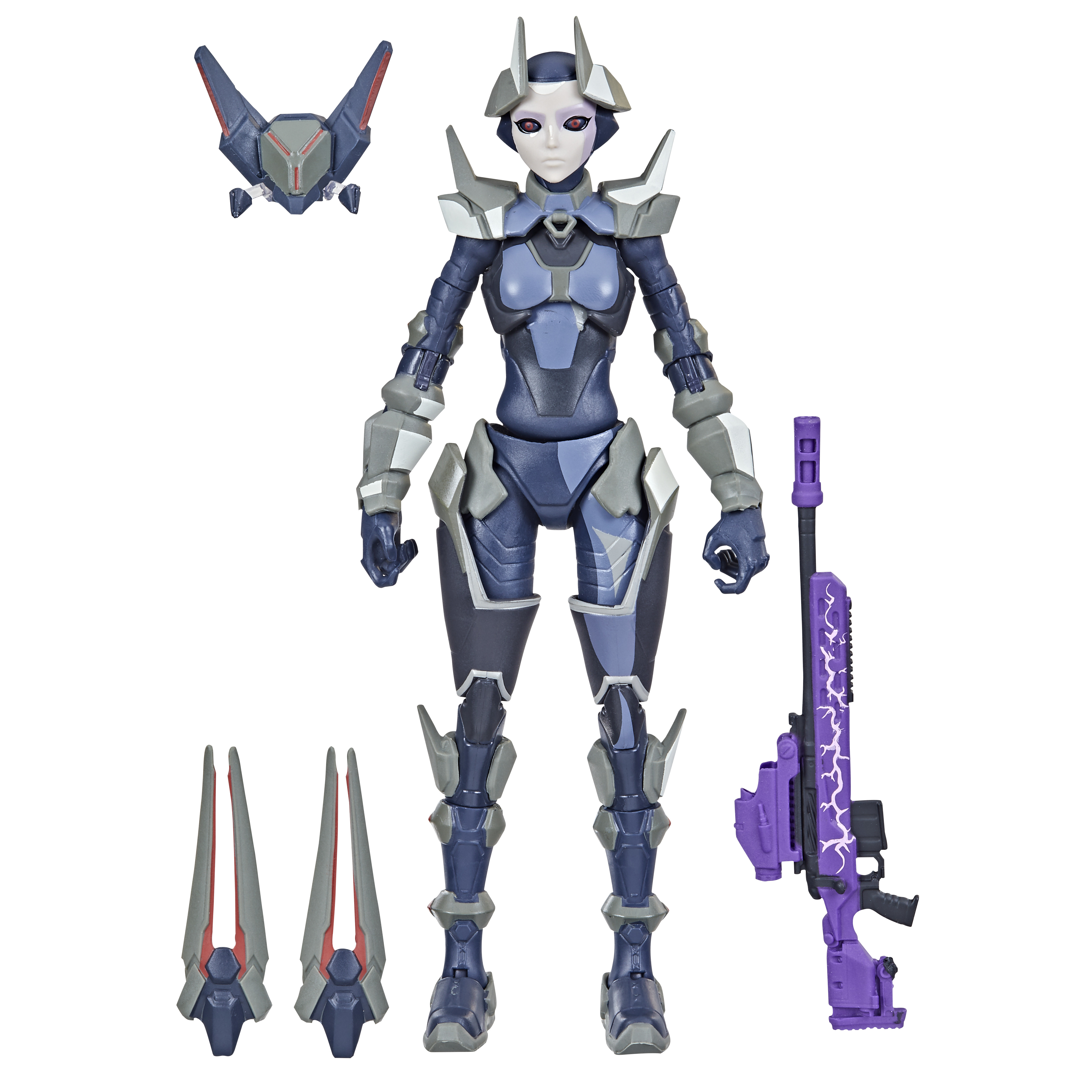 Un'action figure femminile con un design futuristico, che tiene in mano armi e un fucile, in una tuta grigia e blu.