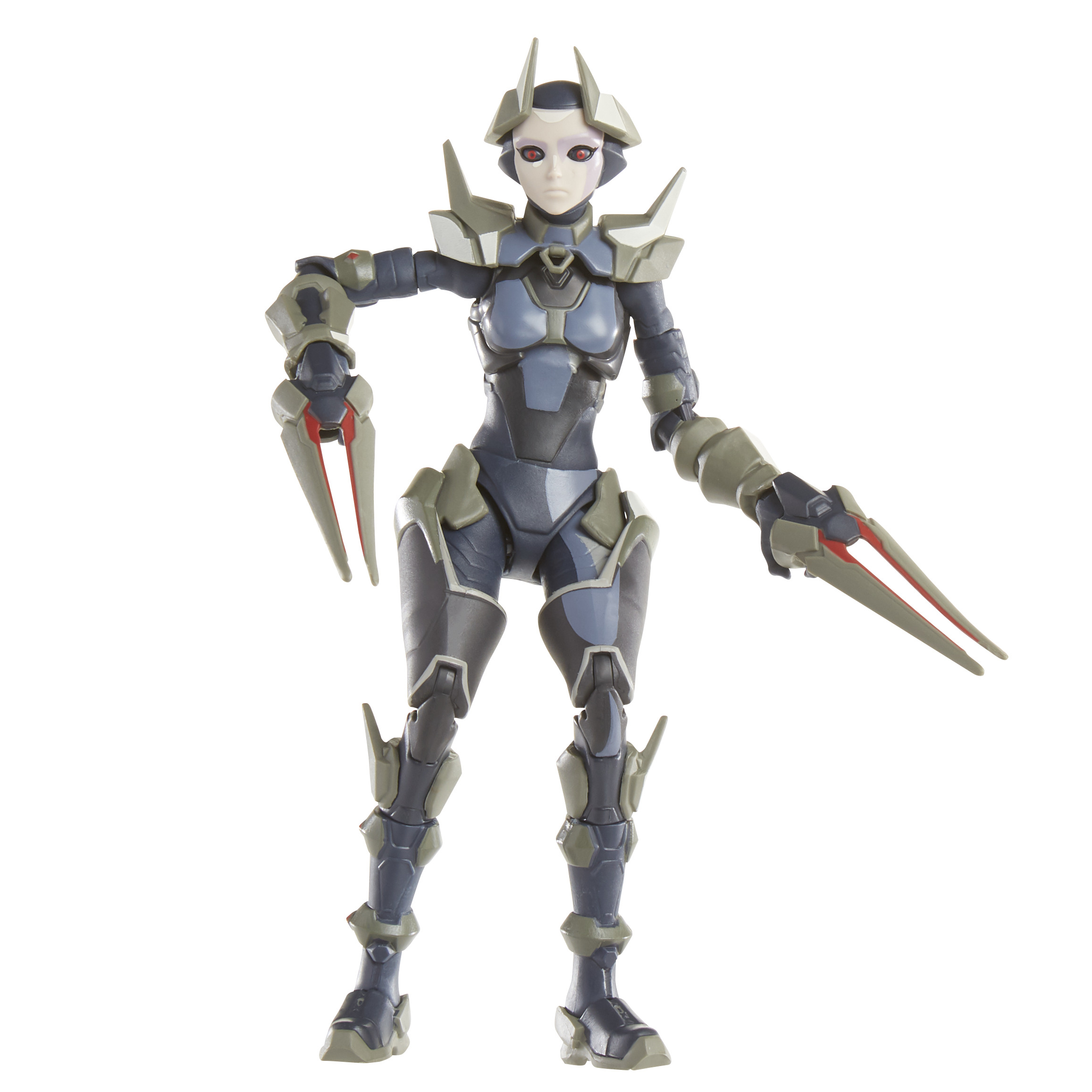 Un'action figure femminile con un design futuristico, indossa una tuta grigia e blu, tenendo in mano due armi con lame rosse.