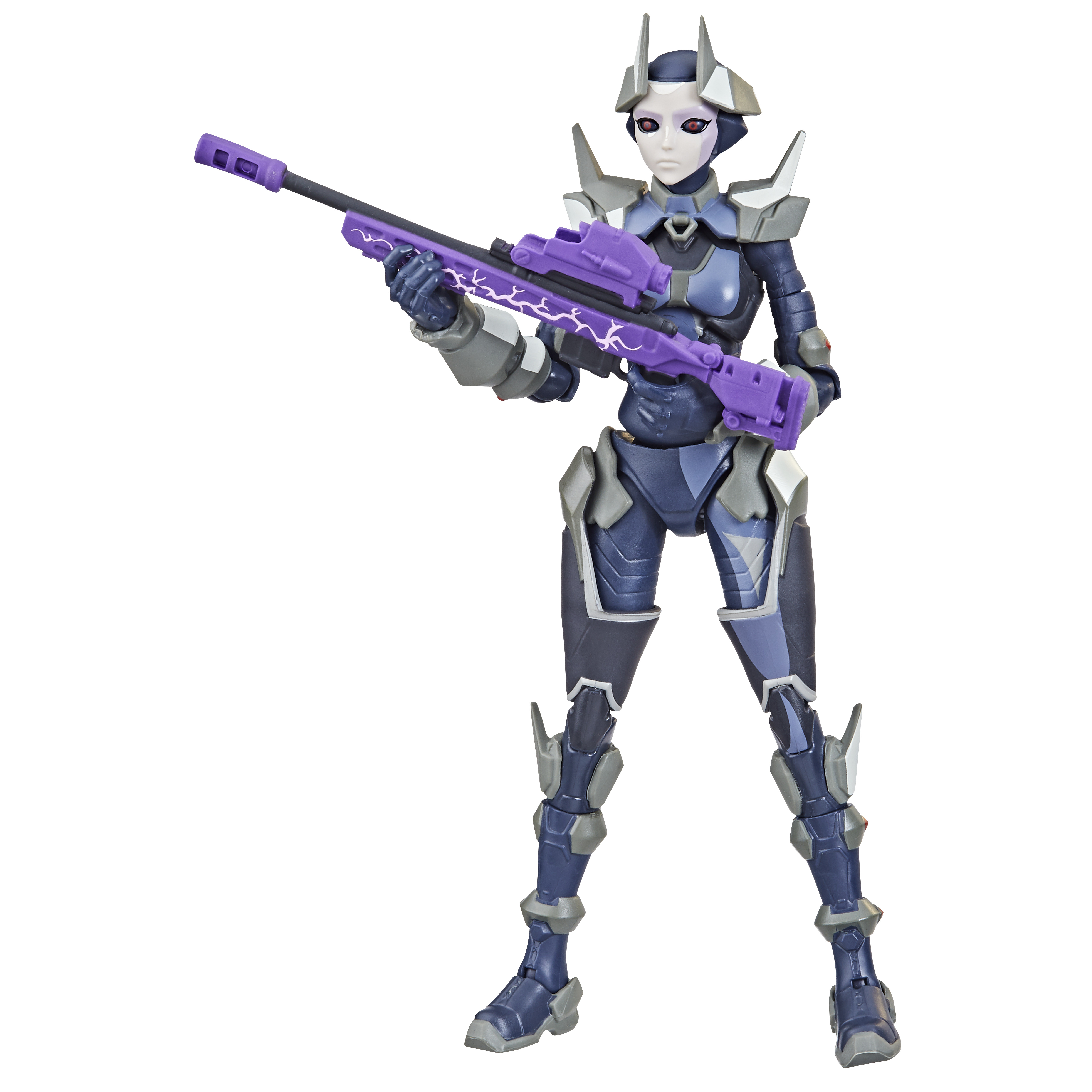 Una figura femminile con una pistola, che indossa un abito blu scuro. La figura ha la pelle chiara e i capelli viola.