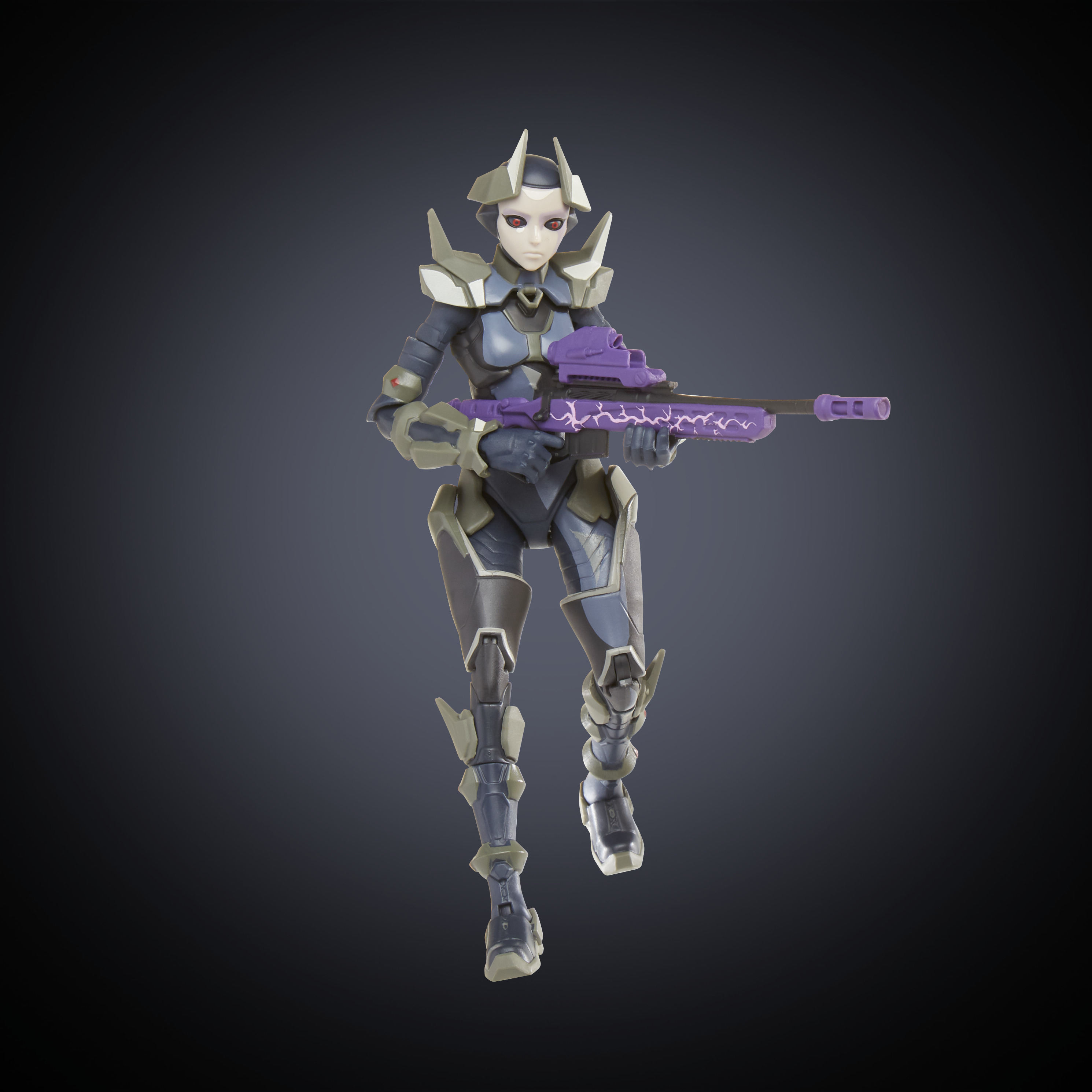 Una figura di guerriero futuristico, con un'arma viola, in armatura. Sfondo scuro.