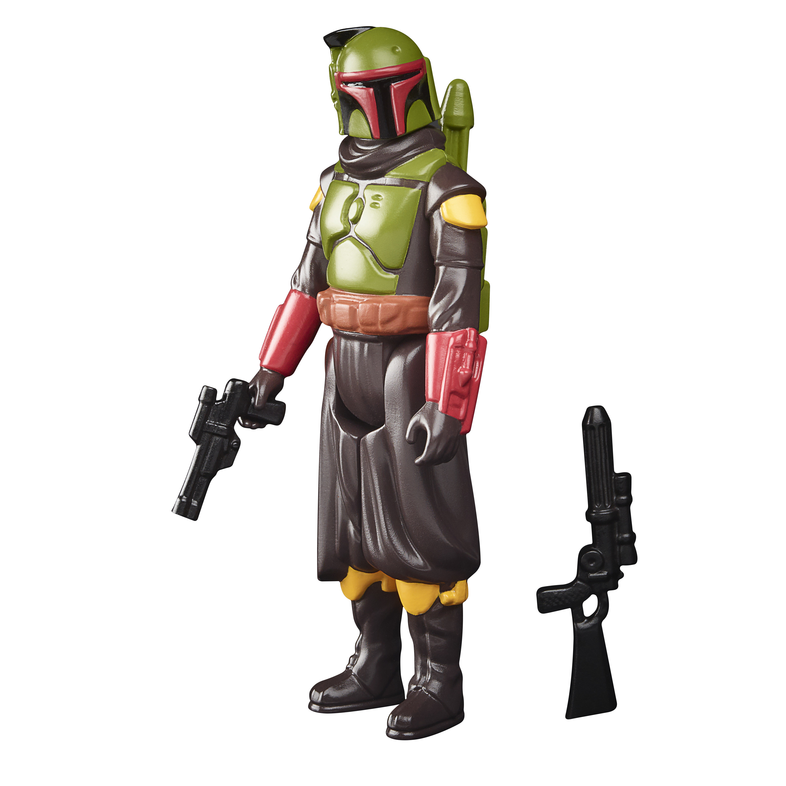 Action figure di Boba Fett. Colori verde, marrone e rosso. Tiene una pistola in ogni mano e un fucile accanto.