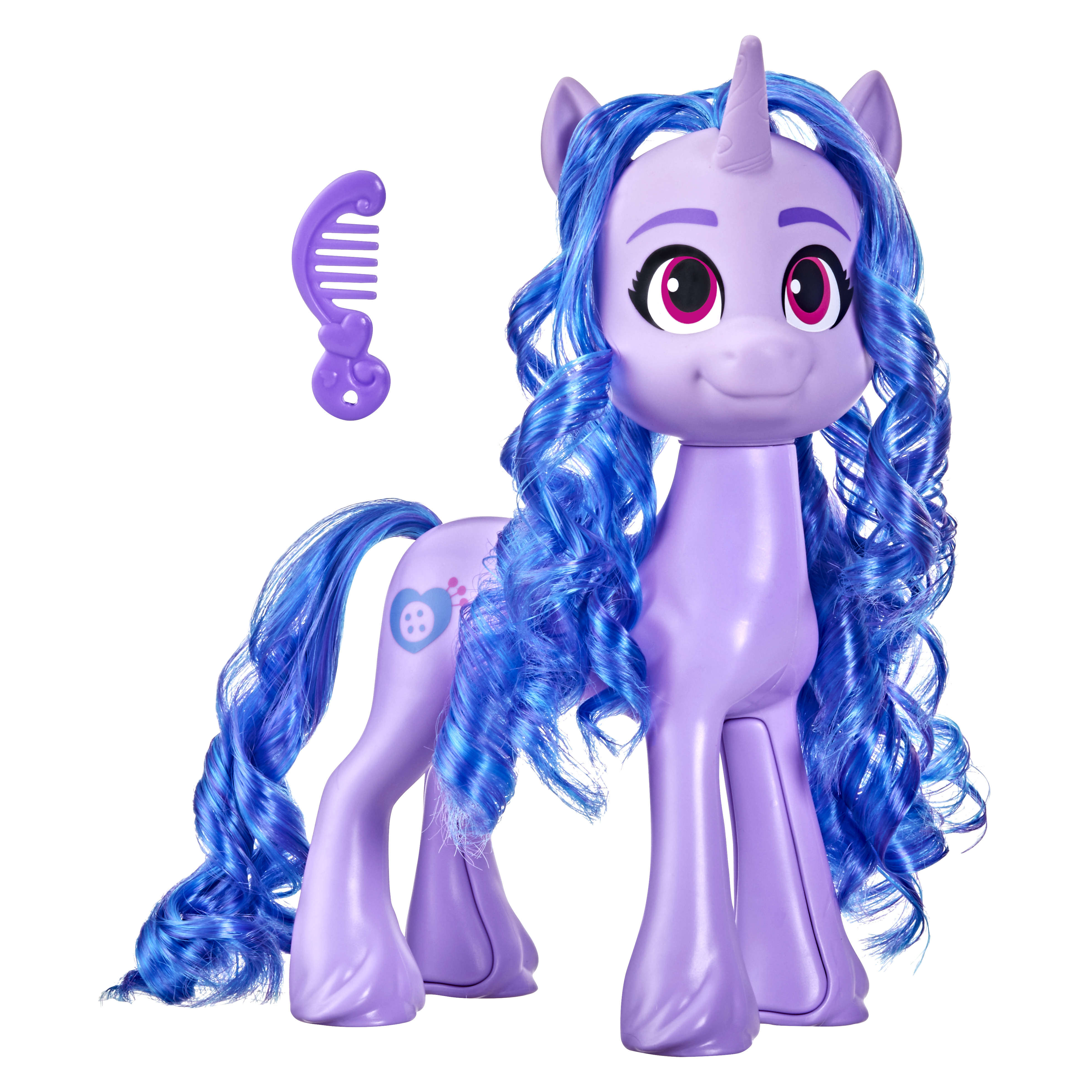 Juguete de poni morado con pelo azul, un peine y un símbolo de corazón.