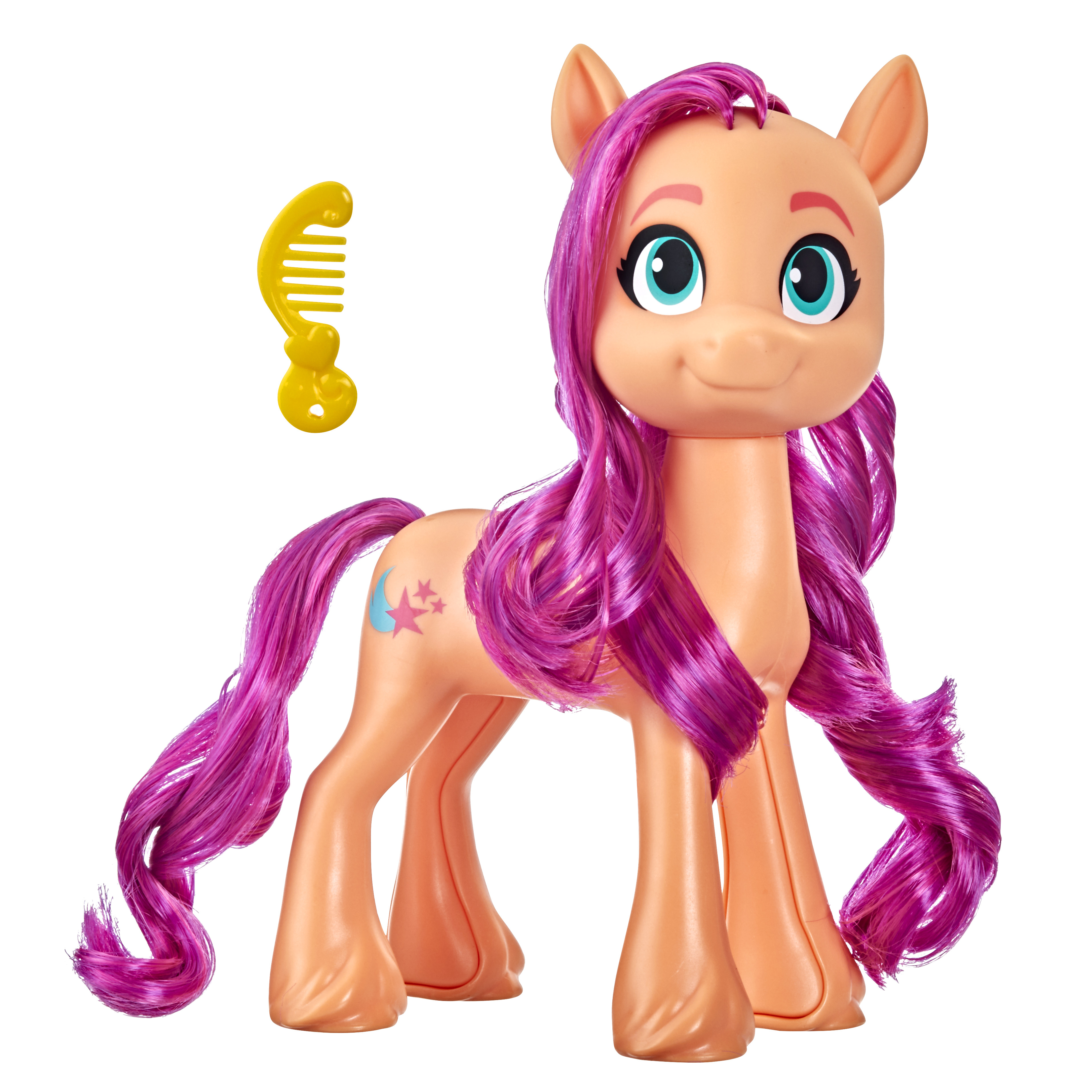 Un juguete My Little Pony, pony melocotón con pelo rosa, ojos azules y un peine amarillo.
