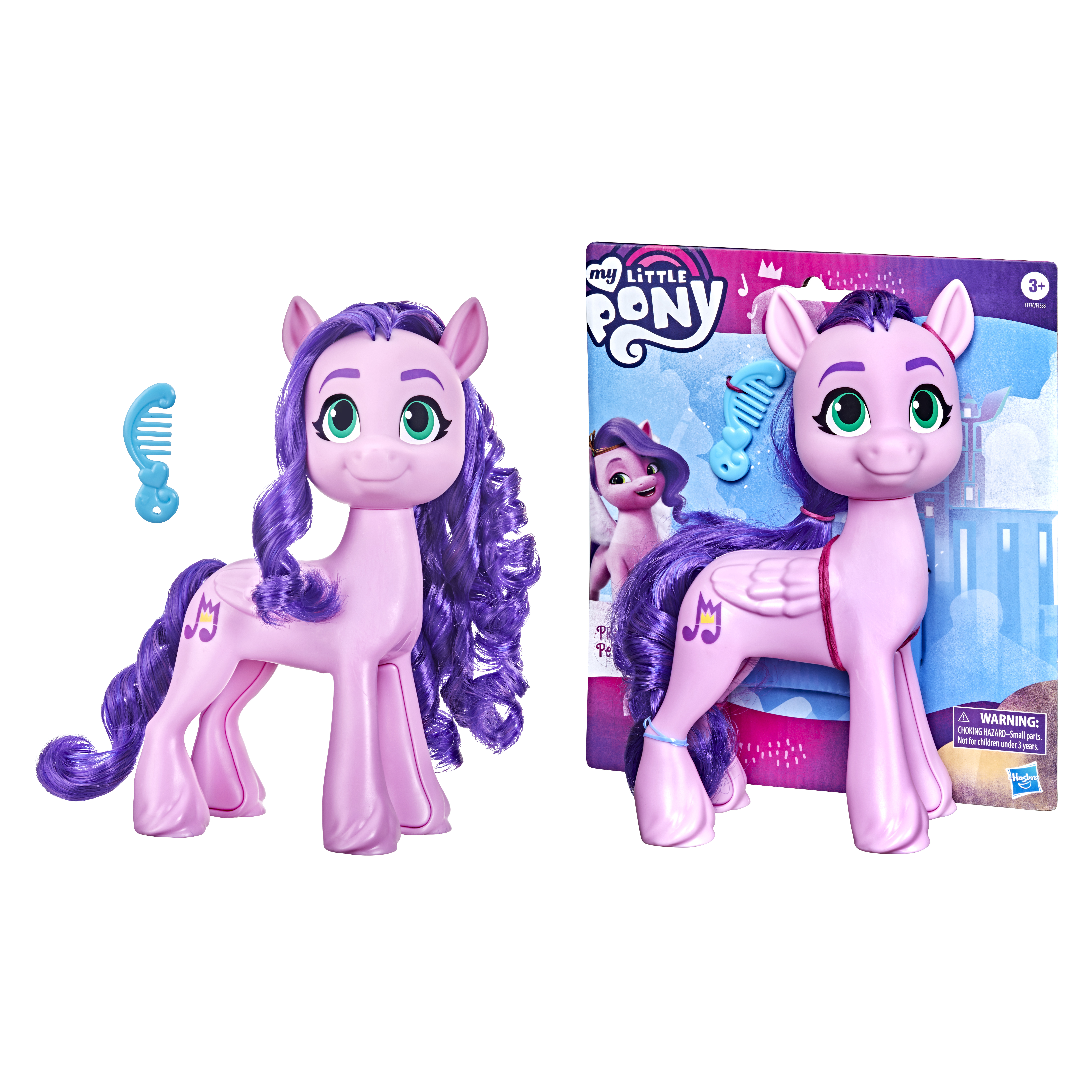 Juguete rosa My Little Pony con pelo morado. Un peine a la izquierda.