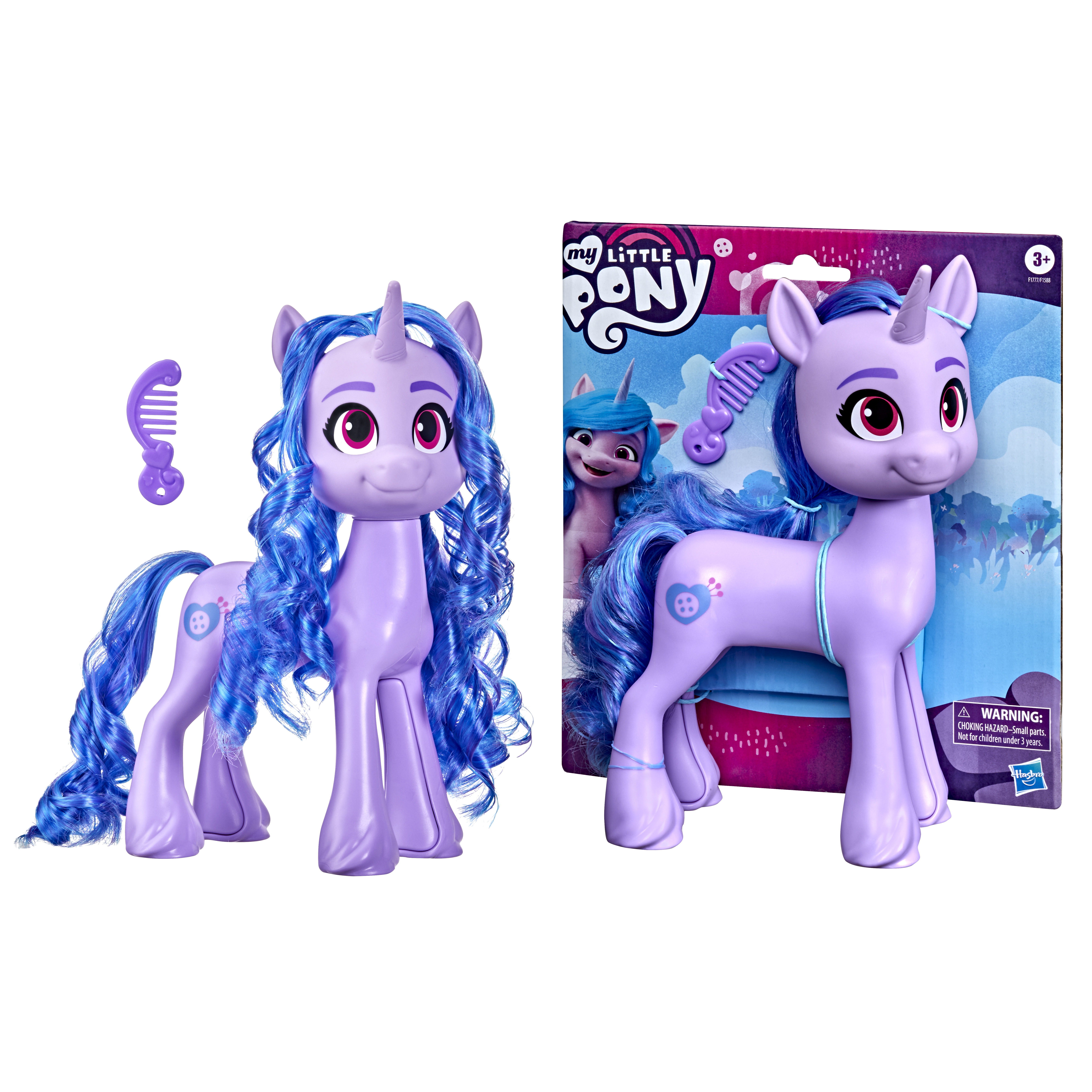 Juego de juguetes My Little Pony. Un juguete de pony junto a su caja. El pony tiene pelo azul y una marca de botón.