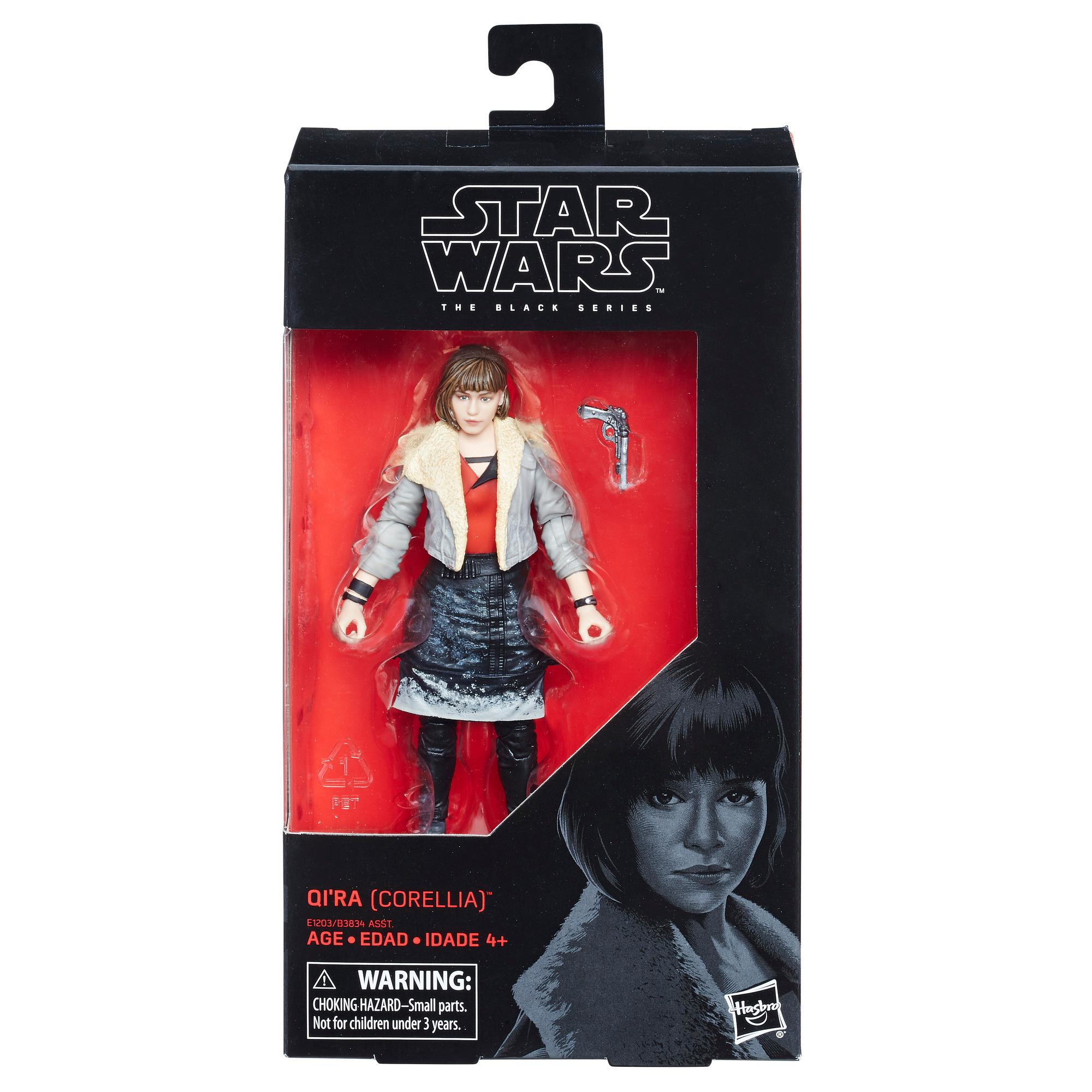 Action figure di Star Wars in confezione. Capelli scuri, giacca grigia. Scatola nera con immagine del volto.