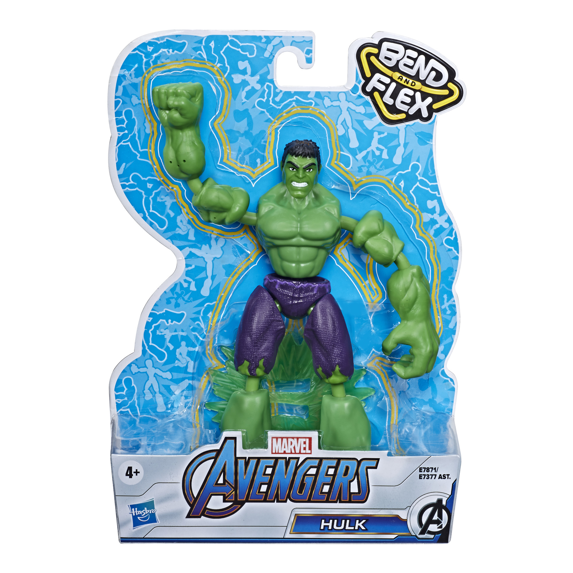 Action figure di Hulk nella confezione, logo Avengers.
