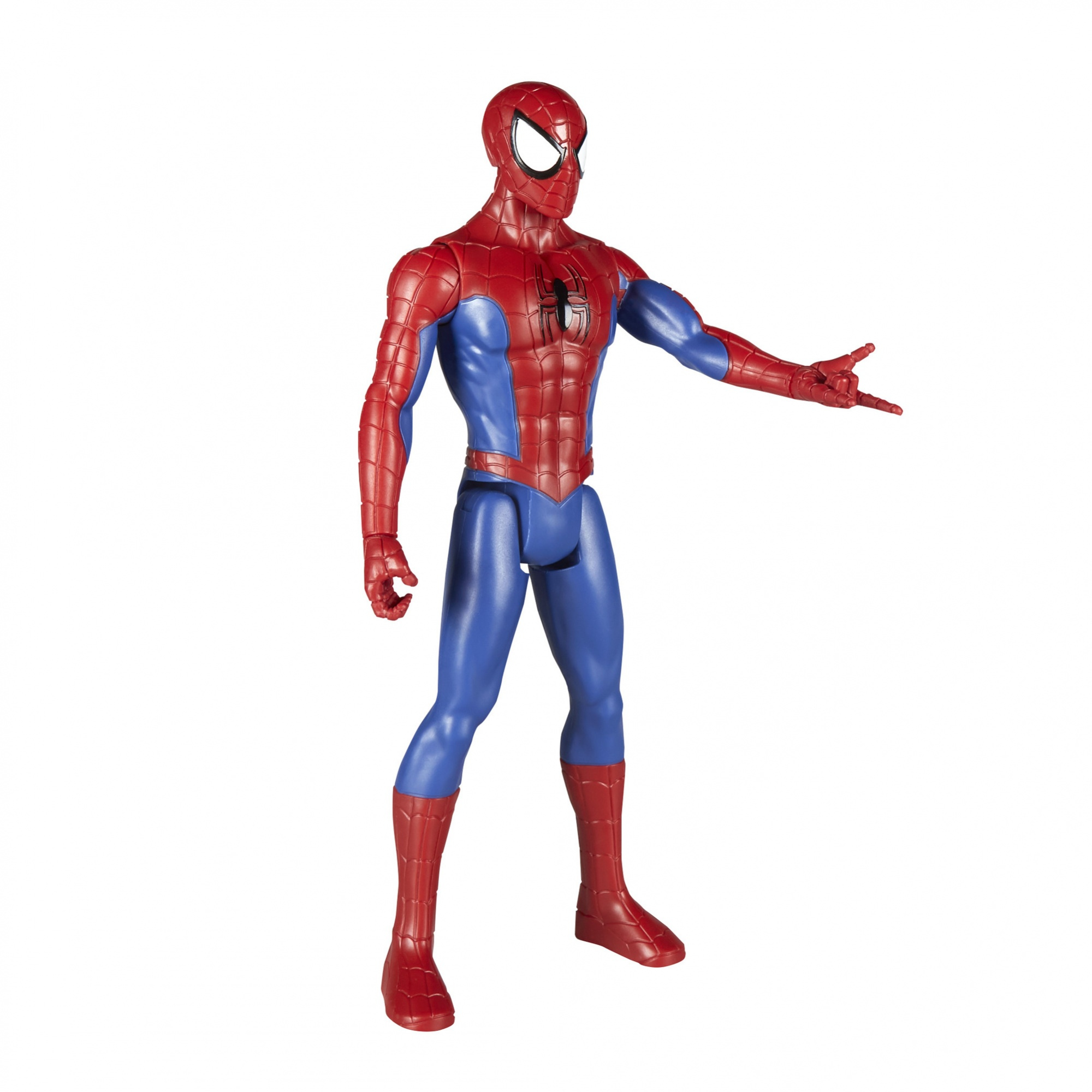 Spider-Man-Actionfigur in rotem und blauem Anzug, mit ausgestrecktem Arm, Gesten mit den Fingern.