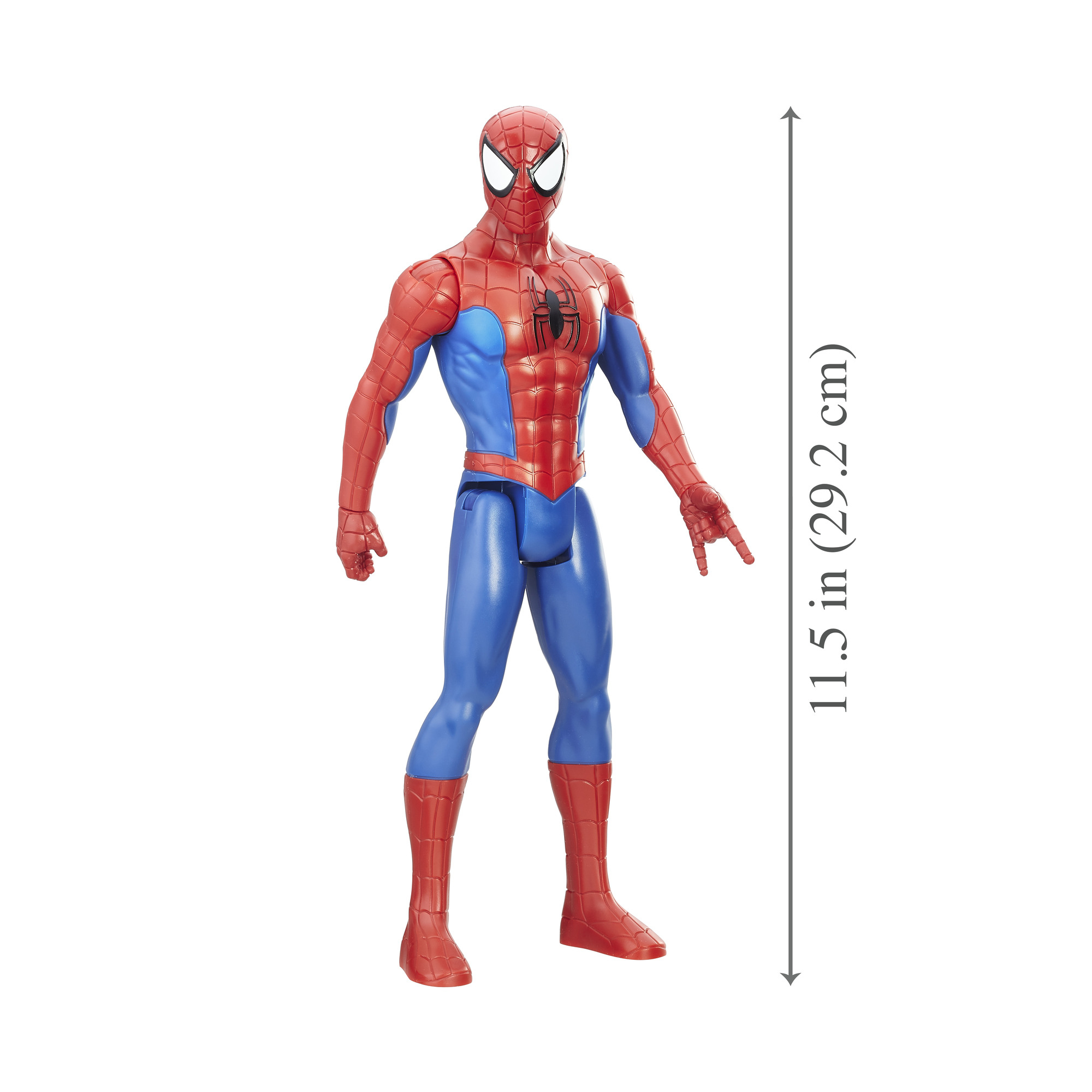 Spider-Man-Spielfigur, rot-blauer Anzug, zeigt. Pfeil zeigt 11,5 Zoll (29,2 cm) Messung auf weißem Hintergrund.