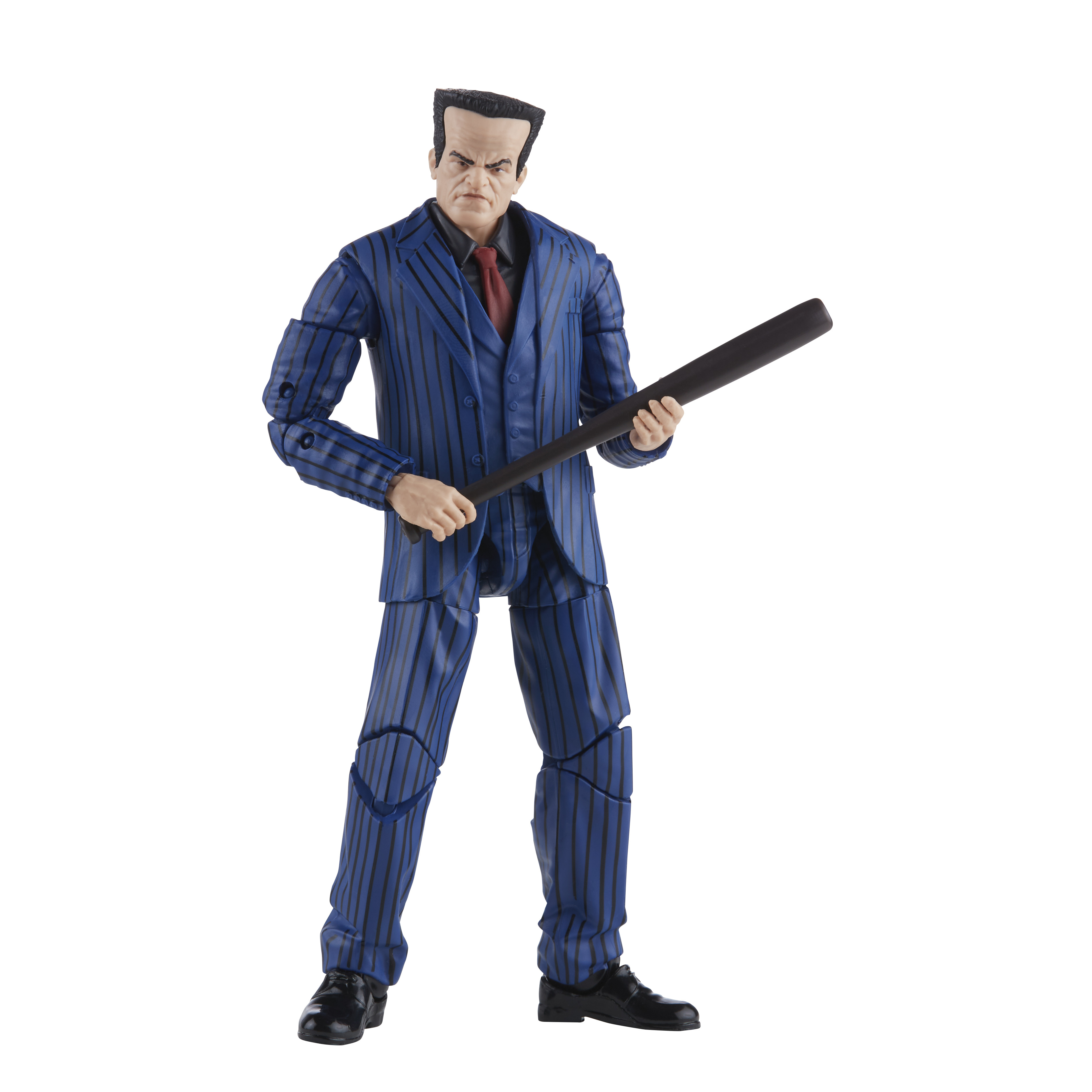Action figure di un uomo in abito blu gessato con mazza, espressione arrabbiata.