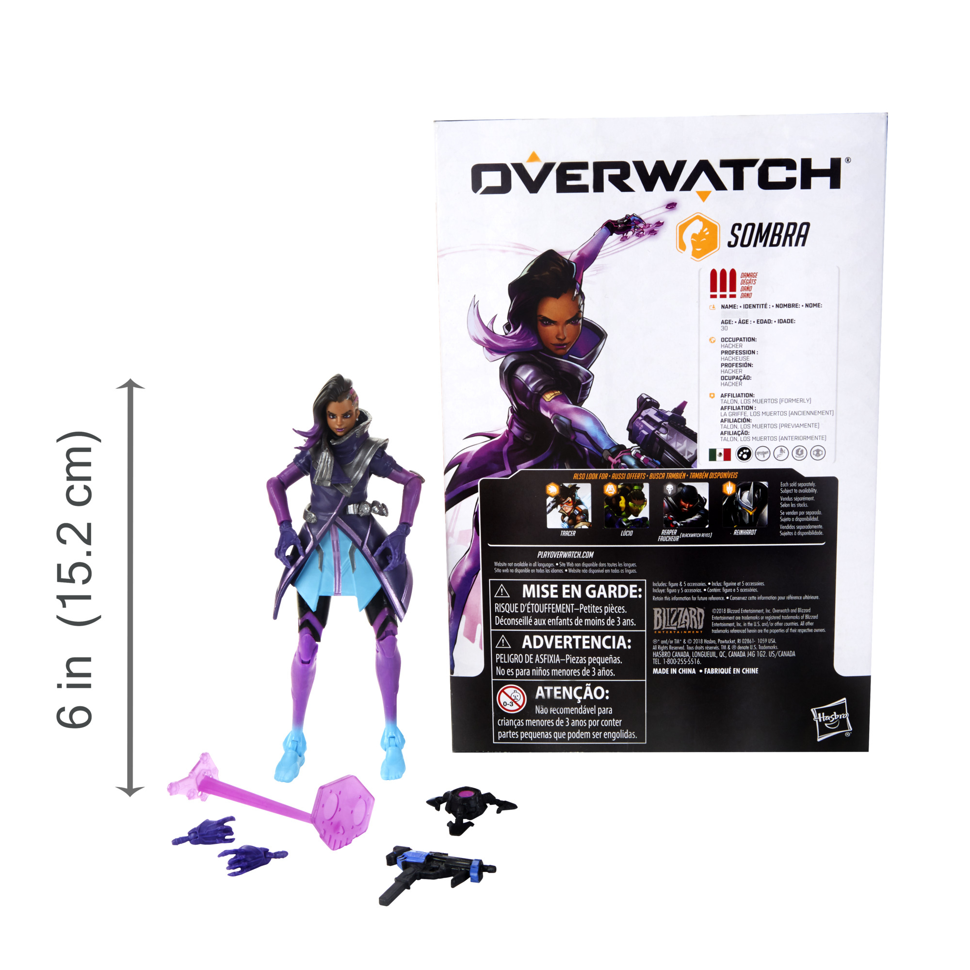 Action figure di Sombra di Overwatch con accessori. Include un'arma viola e scarpe blu.