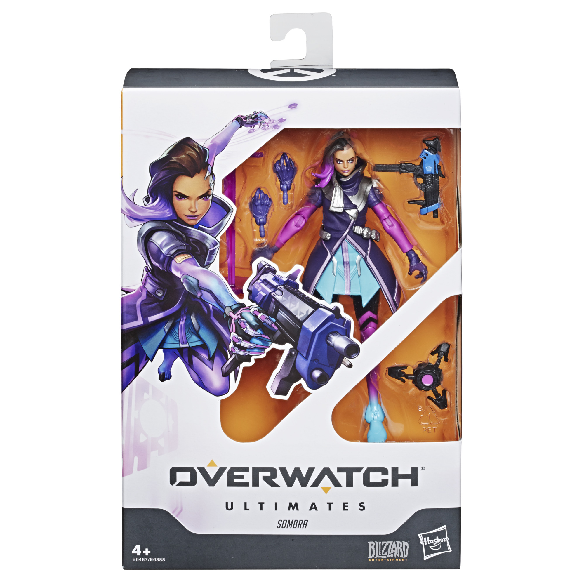 Action figure di Sombra in scatola. Outfit viola e nero, che tiene una pistola. Logo Overwatch.