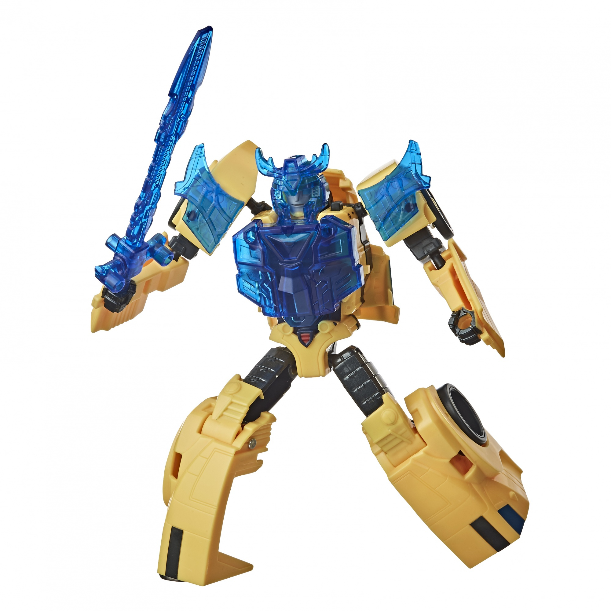 Giocattolo trasformabile giallo e blu con spada blu su sfondo bianco.