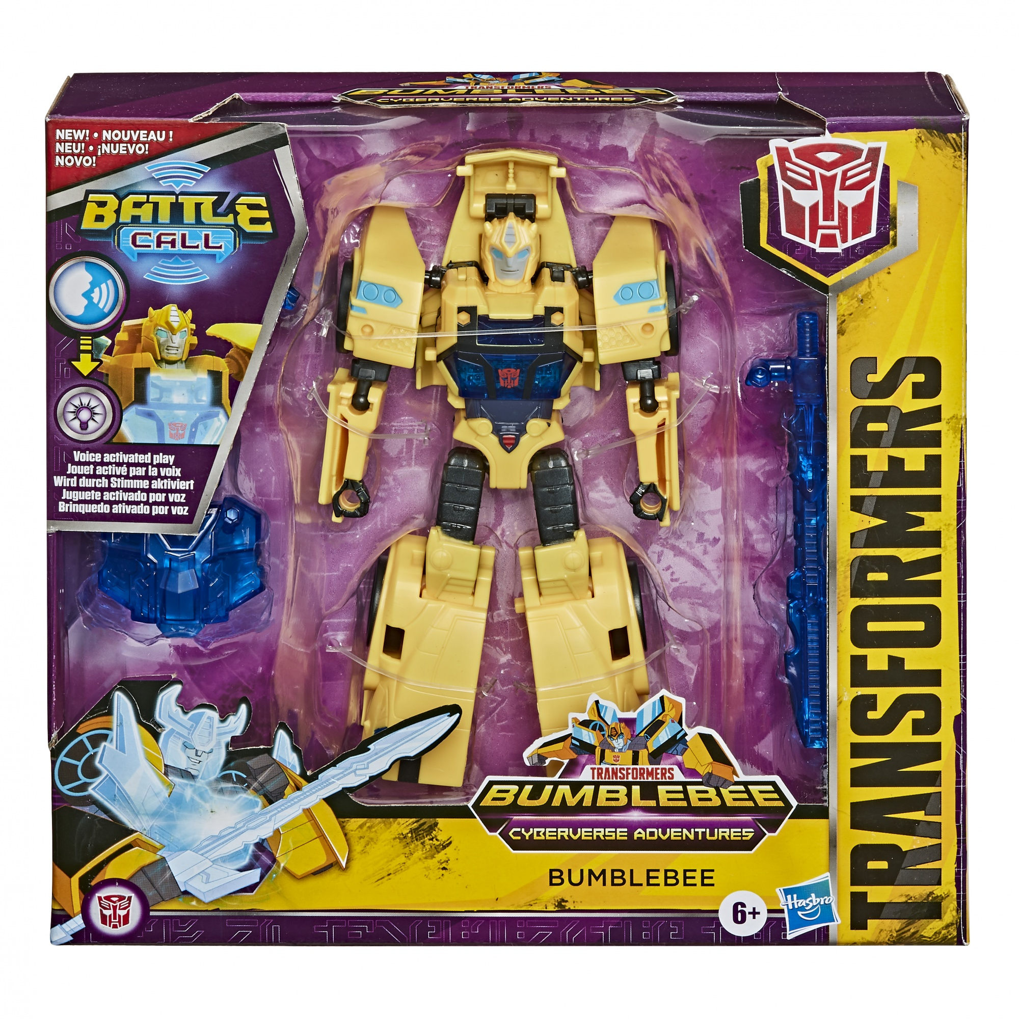 Giocattolo Bumblebee Transformer in confezione, giallo con dettagli blu e una spada.