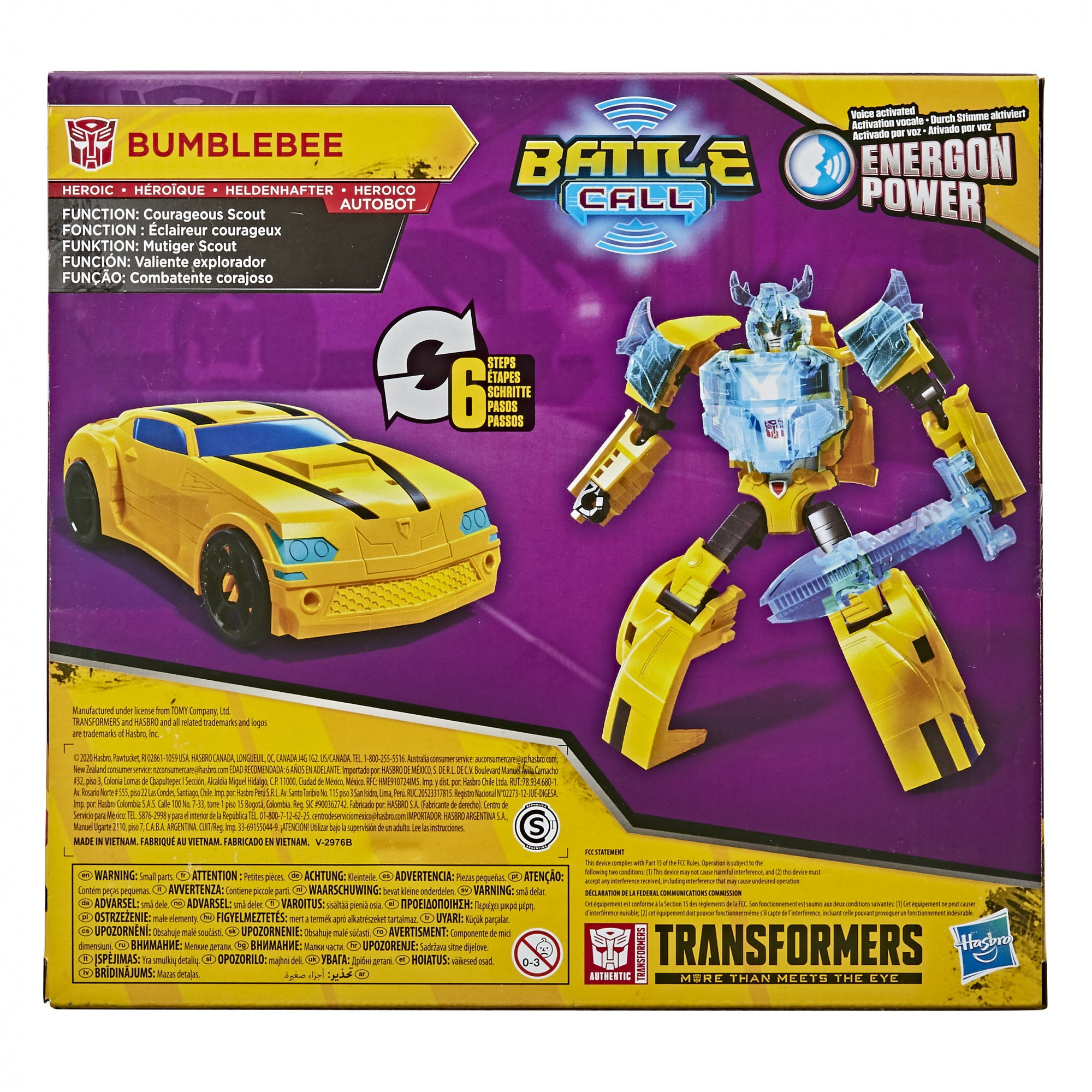 Retro di una confezione di giocattoli Bumblebee Transformer che mostra un'auto gialla e un robot.