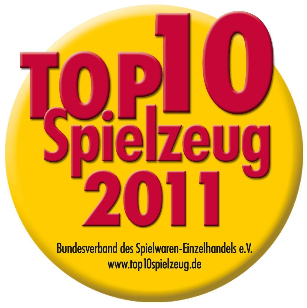 Distintivo del premio Top 10 giocattoli in giallo con testo rosso. Include il testo Spielzeug 2011 e Bundesverband.