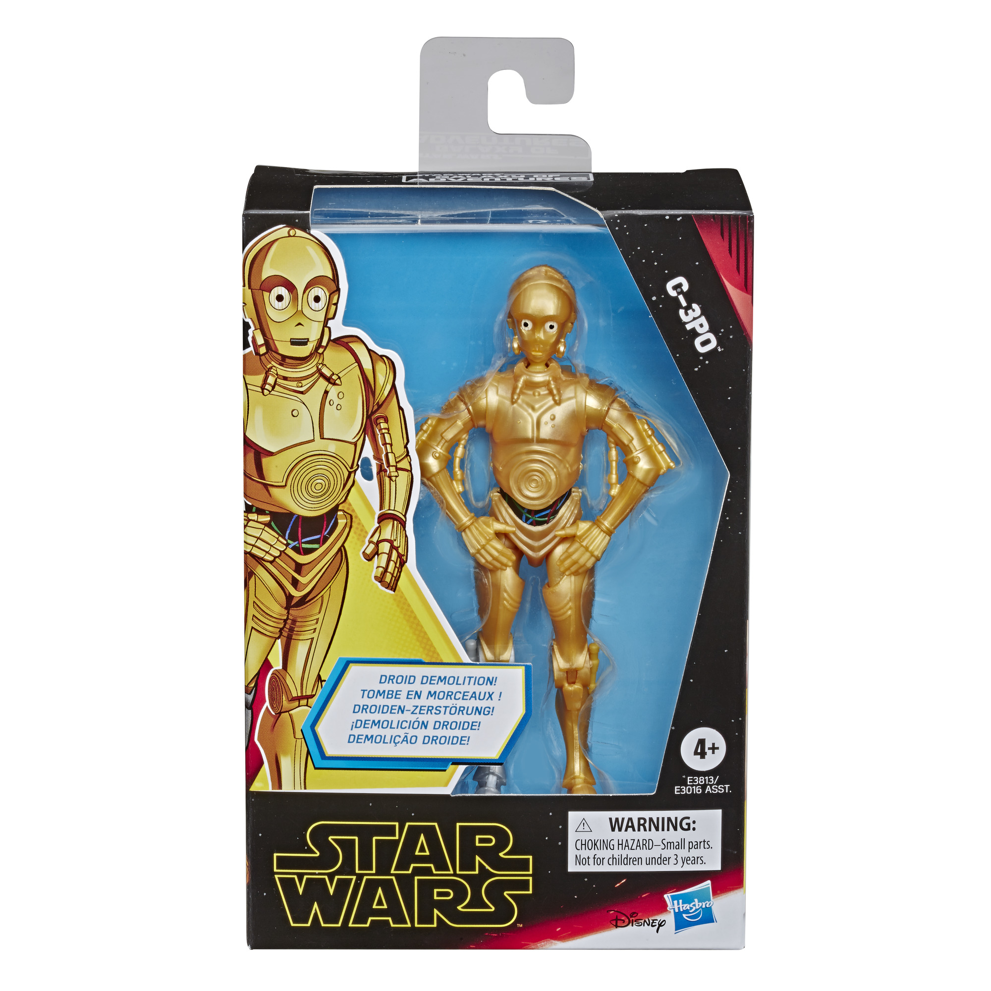 Action figure di C-3PO in scatola, droide dorato, Star Wars, sfondo bianco.