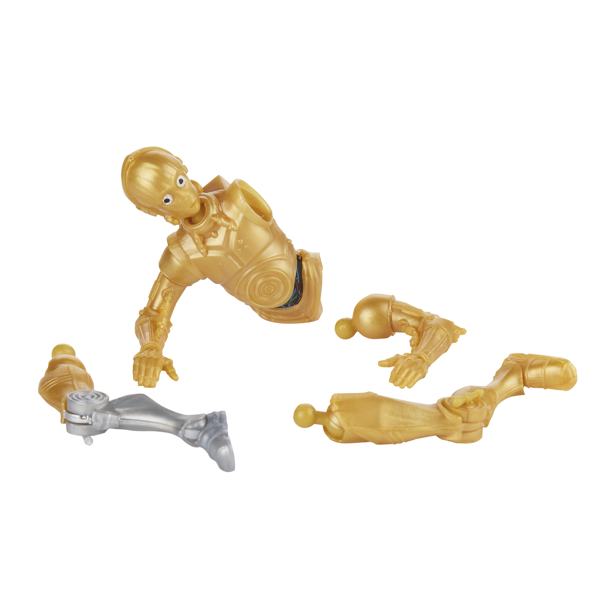 Giocattolo di C-3PO, smontato in parti. Pezzi dorati e argentati su sfondo bianco.
