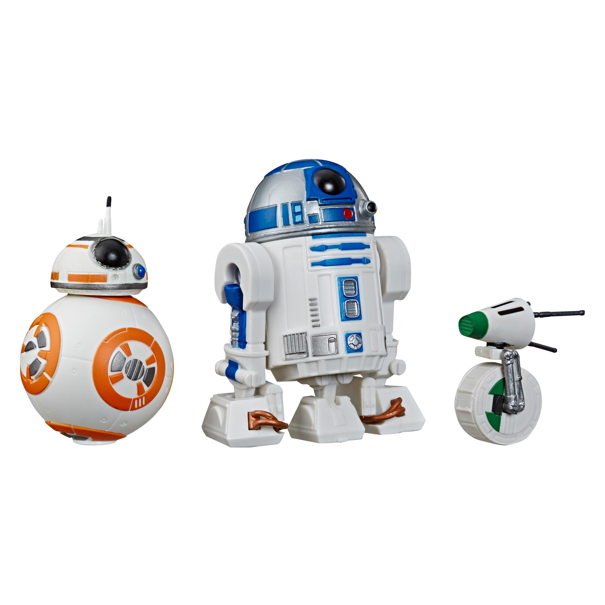 Trzy droidy z Gwiezdnych Wojen: BB-8, R2-D2 i mały droid z zieloną głową, wszystko na białym tle.