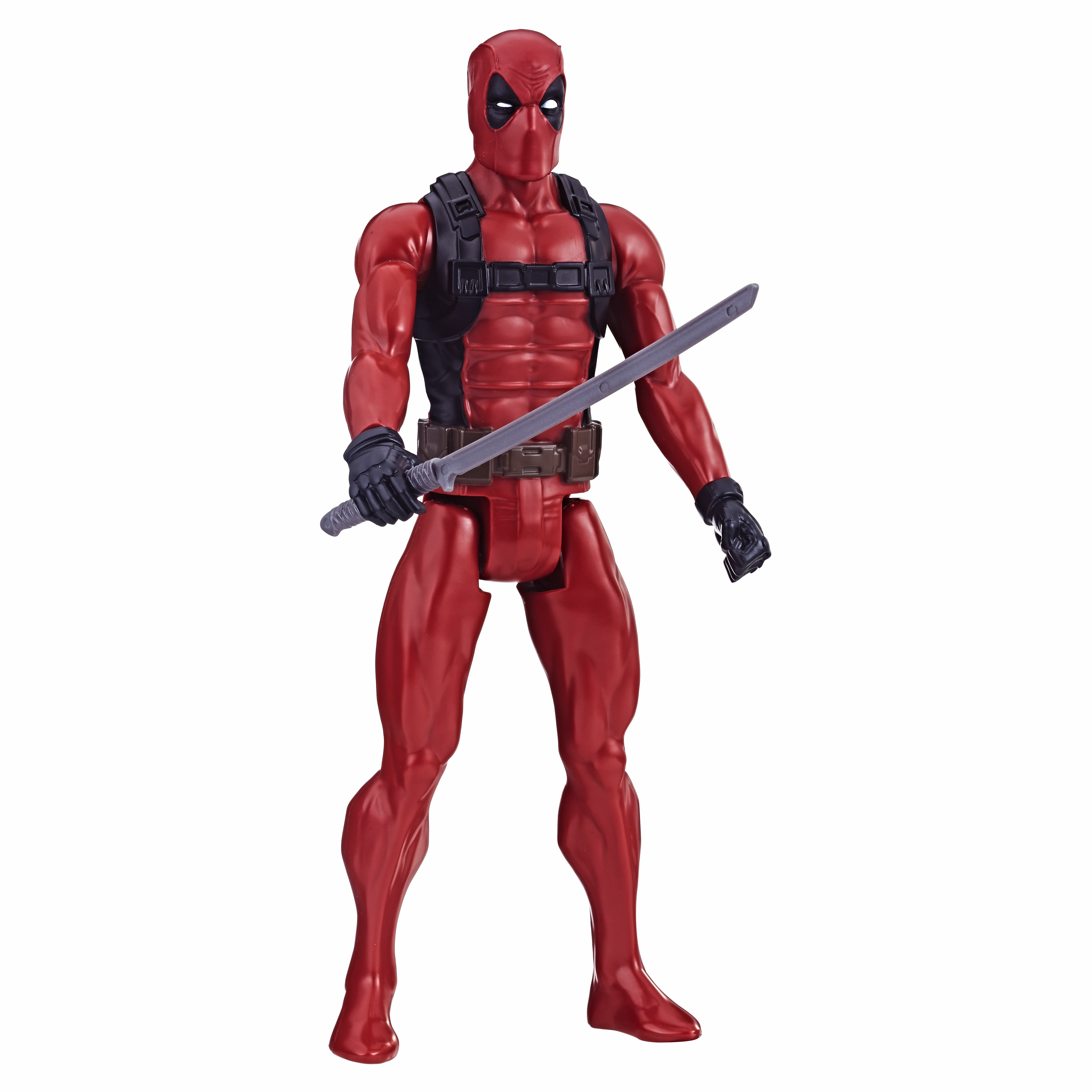 Action figure di Deadpool rosso con katana. Cinghie e guanti neri. Fisico muscoloso.