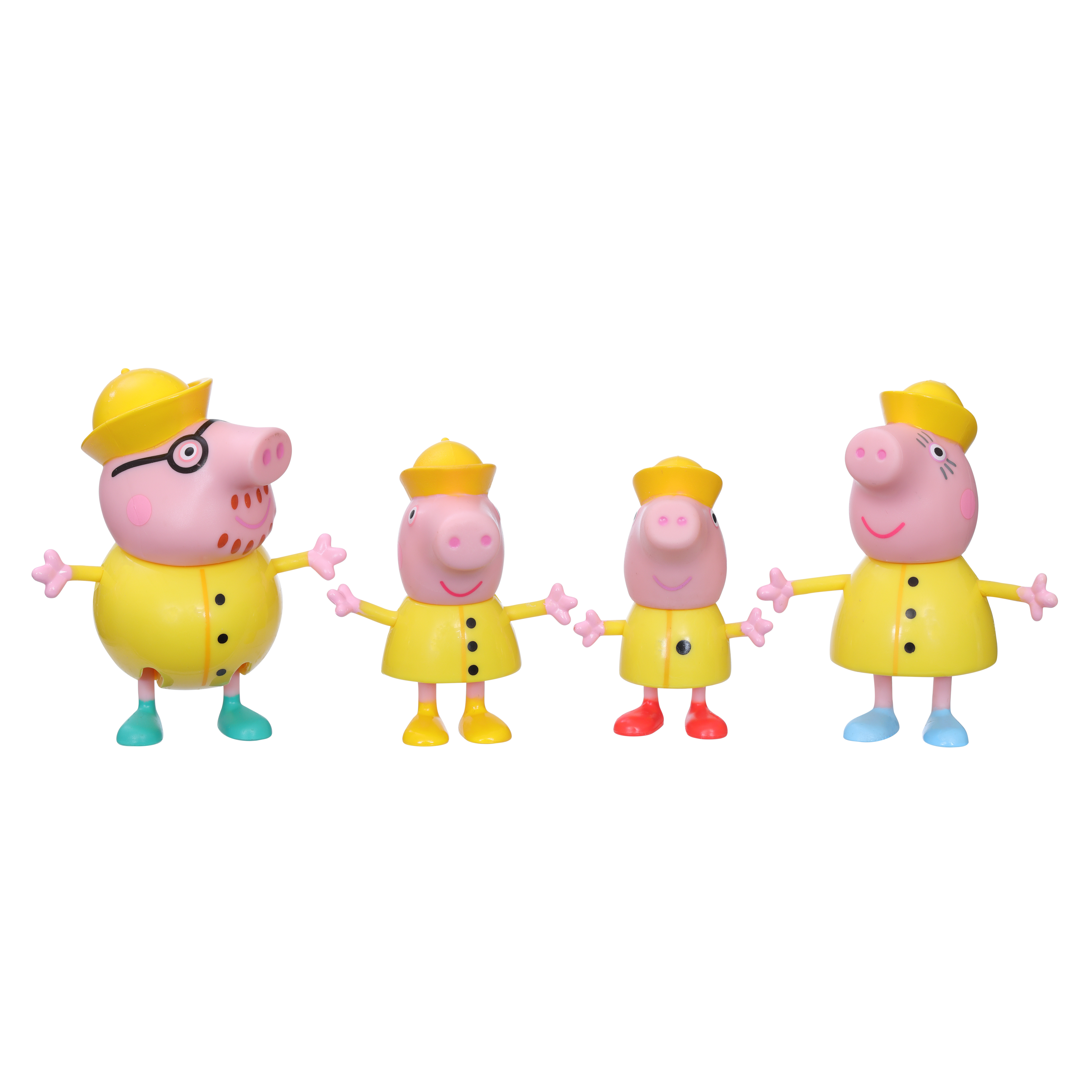 Quattro personaggi di Peppa Pig con impermeabili gialli. Peppa Pig è davanti a sinistra. Tutti si tengono per mano.