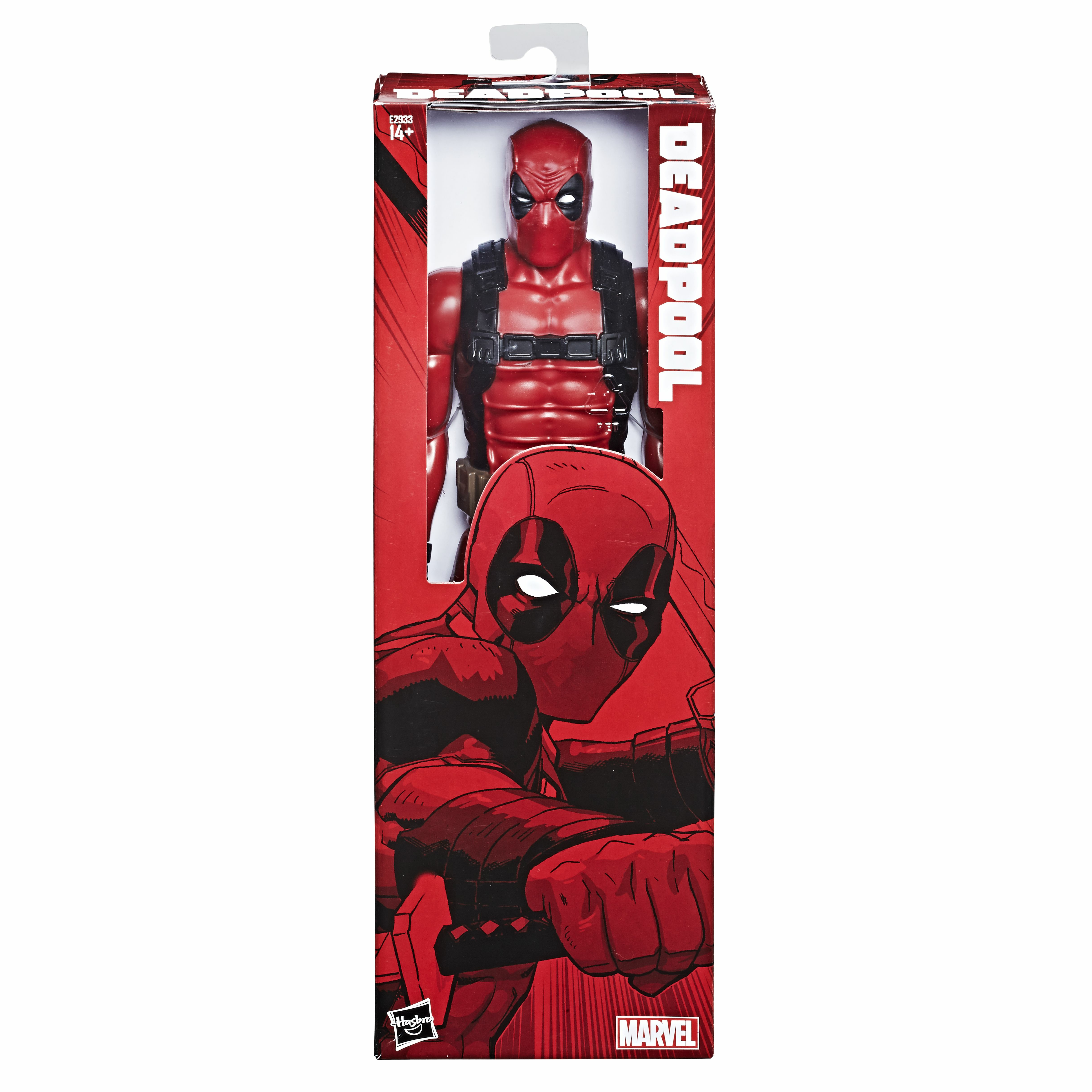 Personaggio giocattolo di Deadpool in scatola rossa. Il personaggio è rosso con dettagli neri. Logo Marvel visibile.