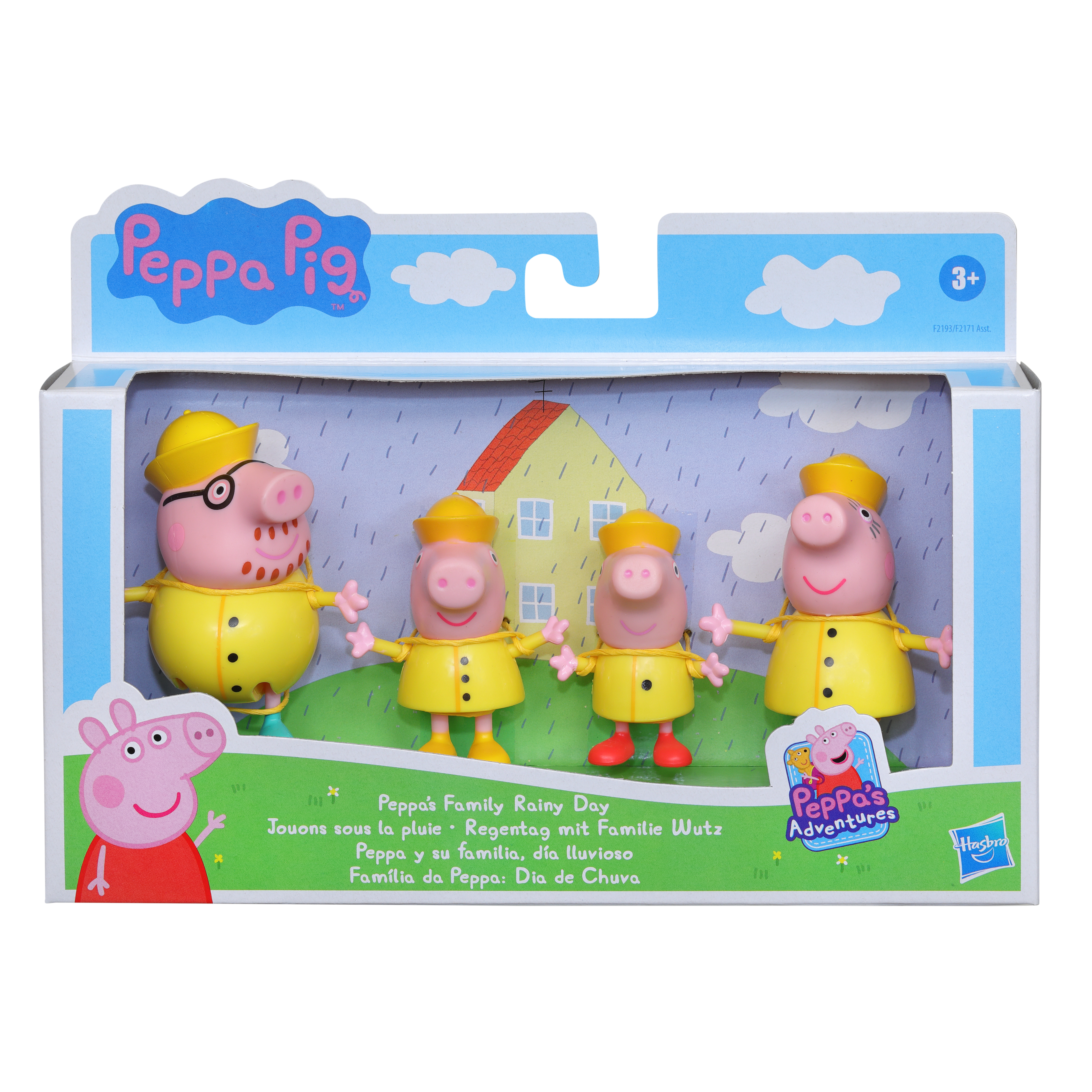 Personaggi di Peppa Pig con impermeabili in una scatola con una scena piovosa.