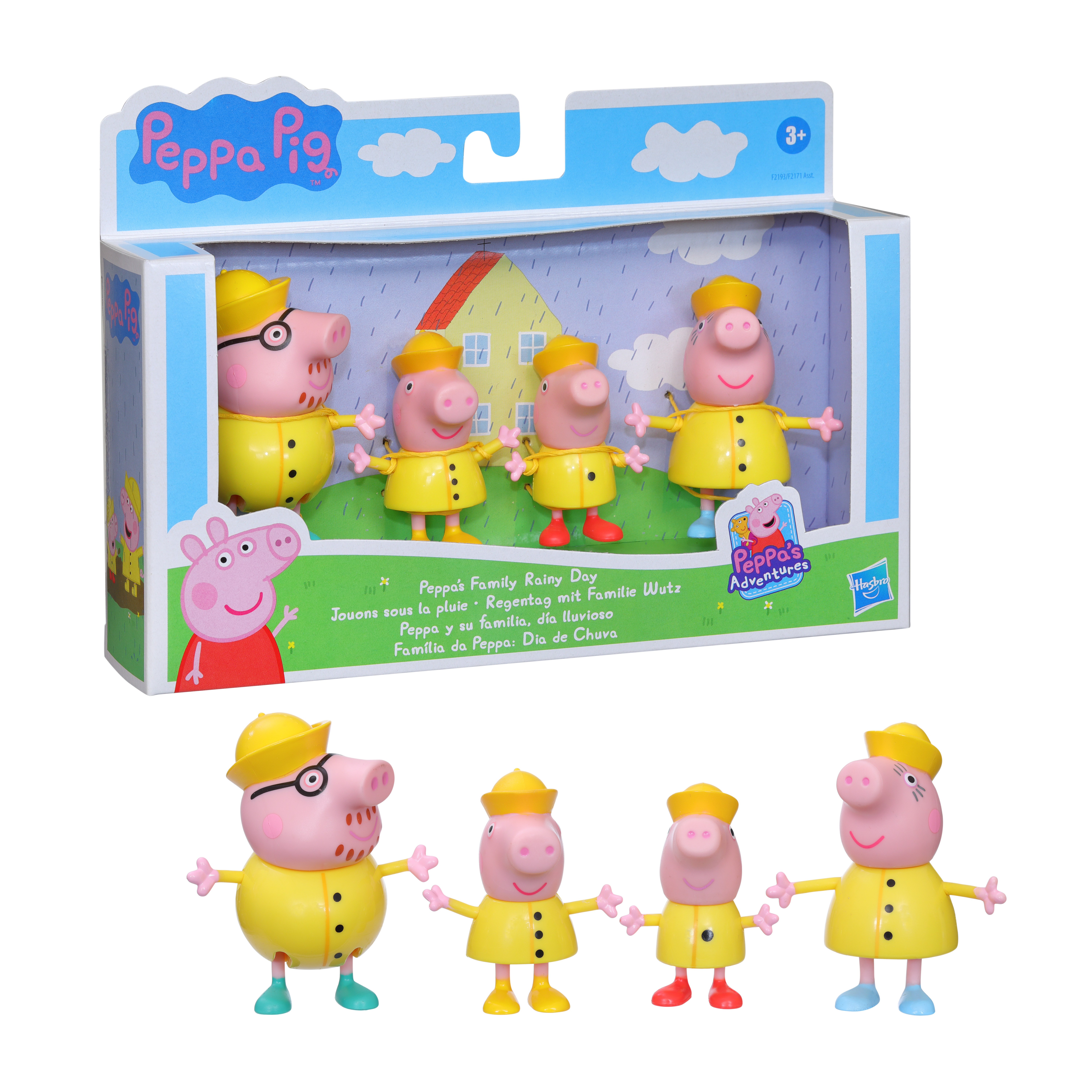 Giocattoli della famiglia Peppa Pig in una scatola. Sono raffigurate quattro figure, con impermeabili e cappelli.