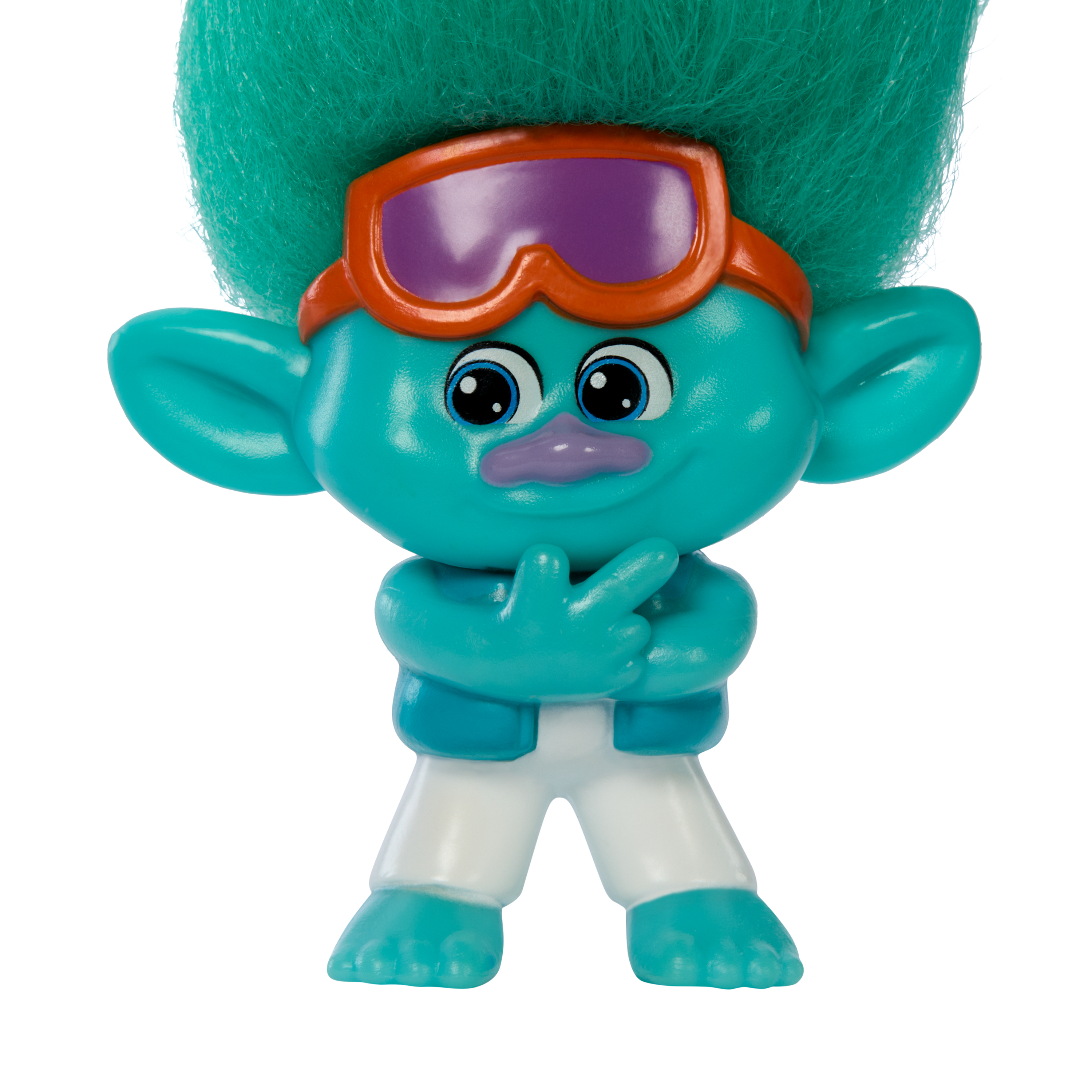 Un giocattolo troll con pelle turchese, capelli verdi e occhiali arancioni, che posa con il pollice in su.