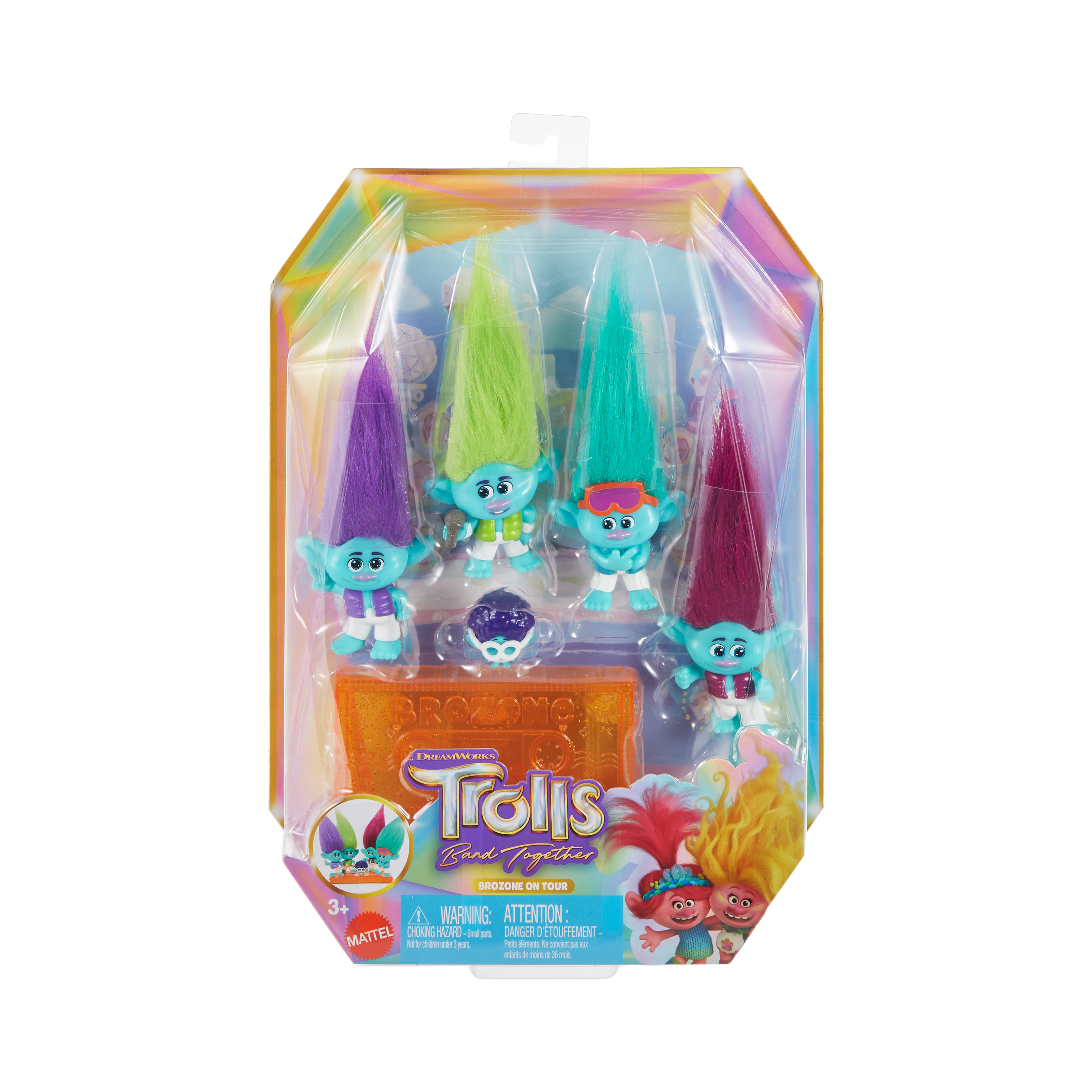 Set di giocattoli Trolls Band Together in una scatola. Include personaggi Trolls, accessori e un'etichetta di avvertimento.