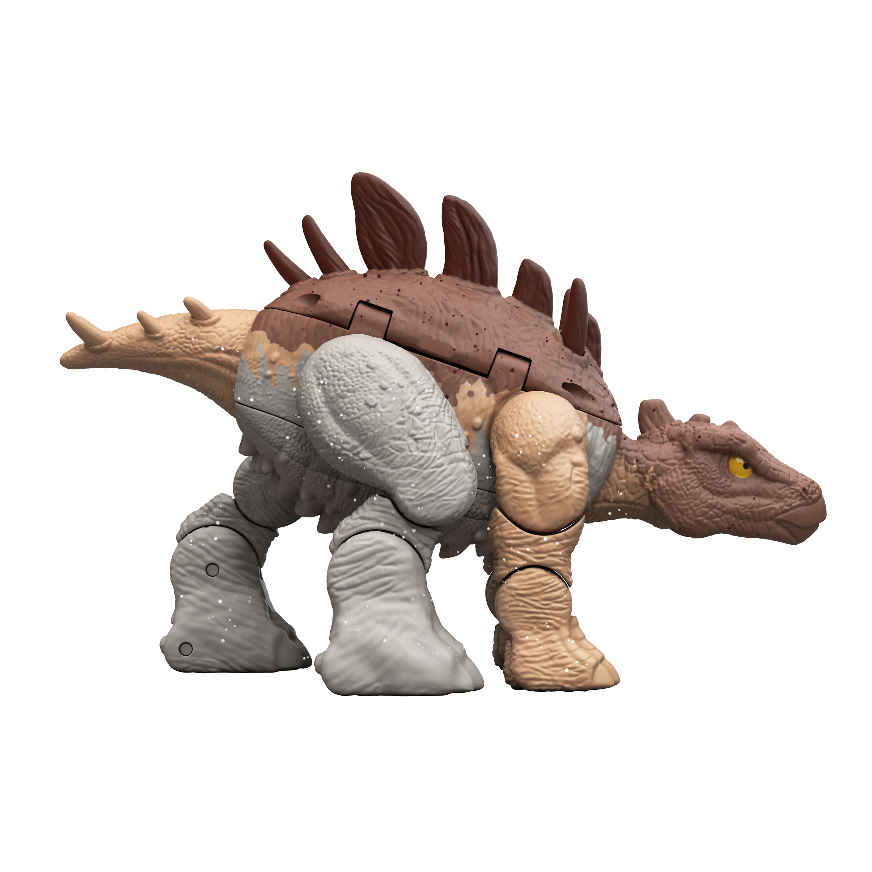Un giocattolo di Stegosaurus, con texture marroni e grigie simili a roccia, su sfondo bianco.