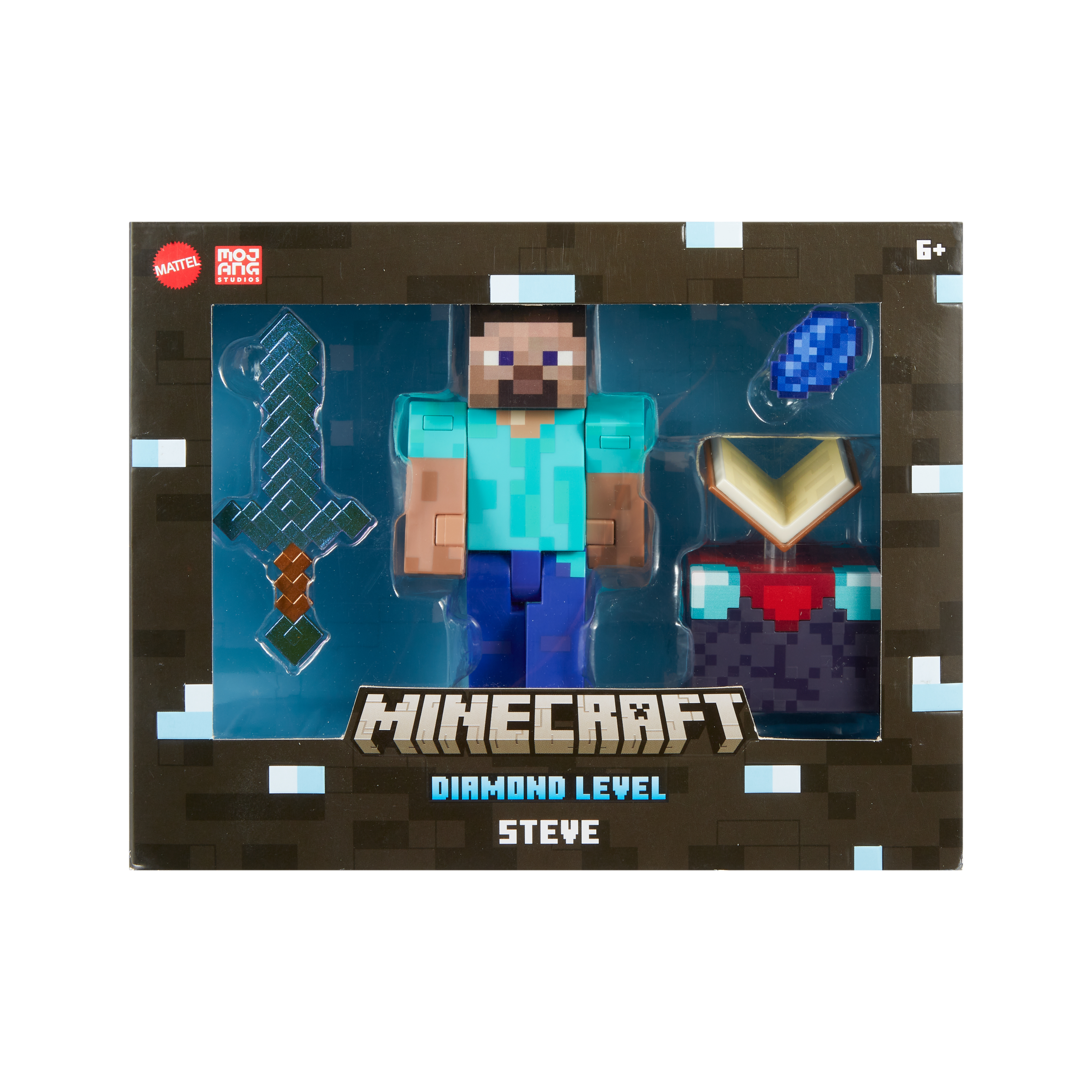 Minecraft Steve Actionfigur in einer Box mit Zubehör und einem blauen Schwert.