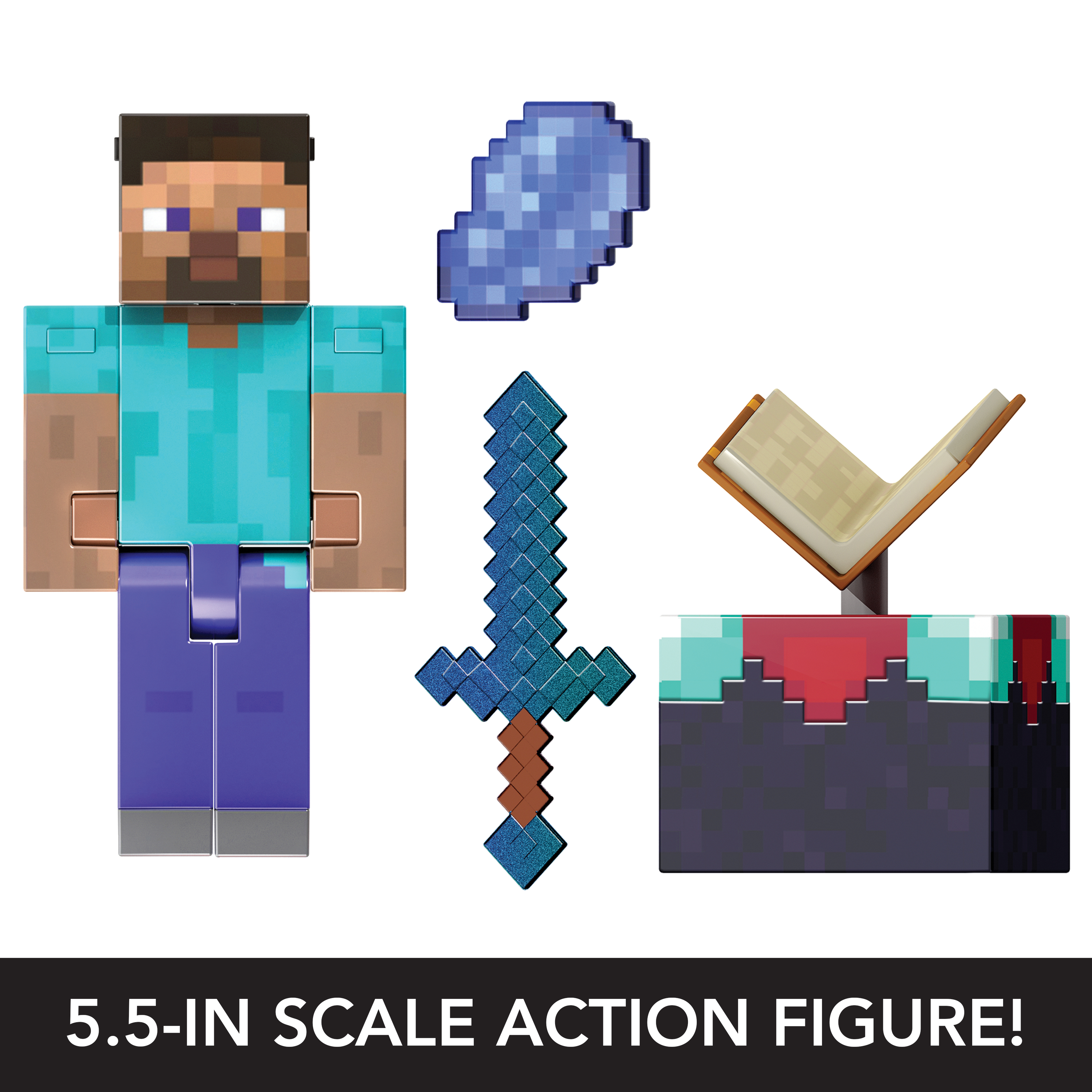 Ein Minecraft-Actionfiguren-Set. Enthält Steve, Schwert, ein Buch und einen Zaubertisch.