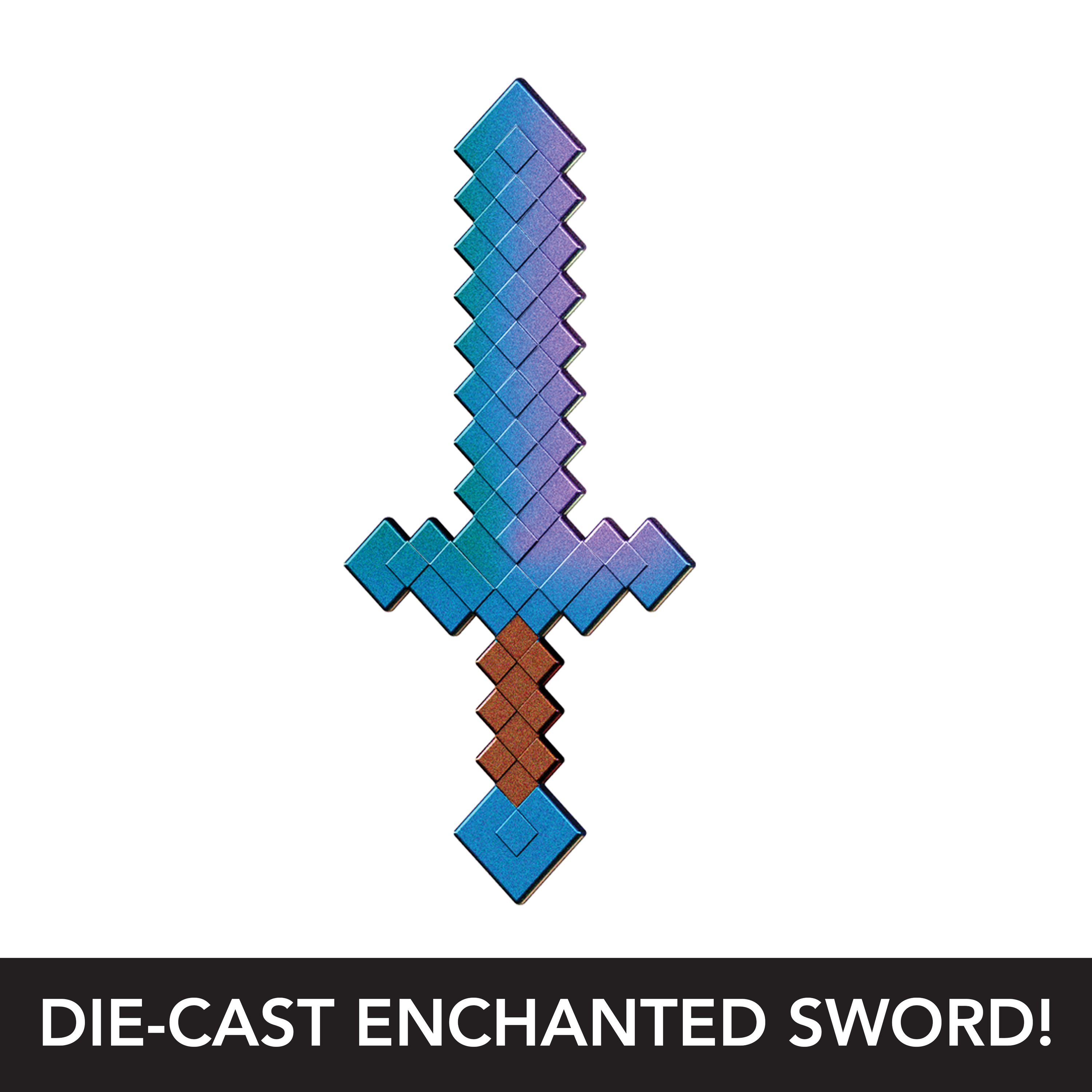 Ein pixeliges Schwertspielzeug. Es ist blau und lila mit einem braunen Griff.