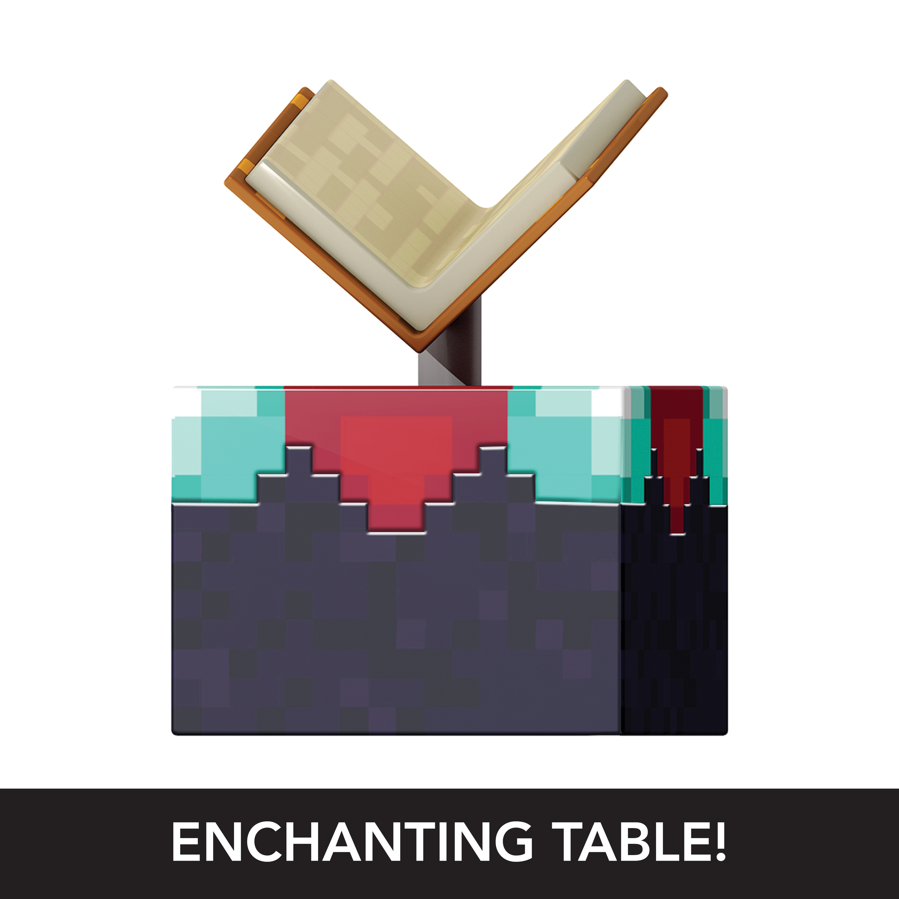 Ein verzaubernder Tisch aus Minecraft. Er hat ein offenes Buch oben drauf.