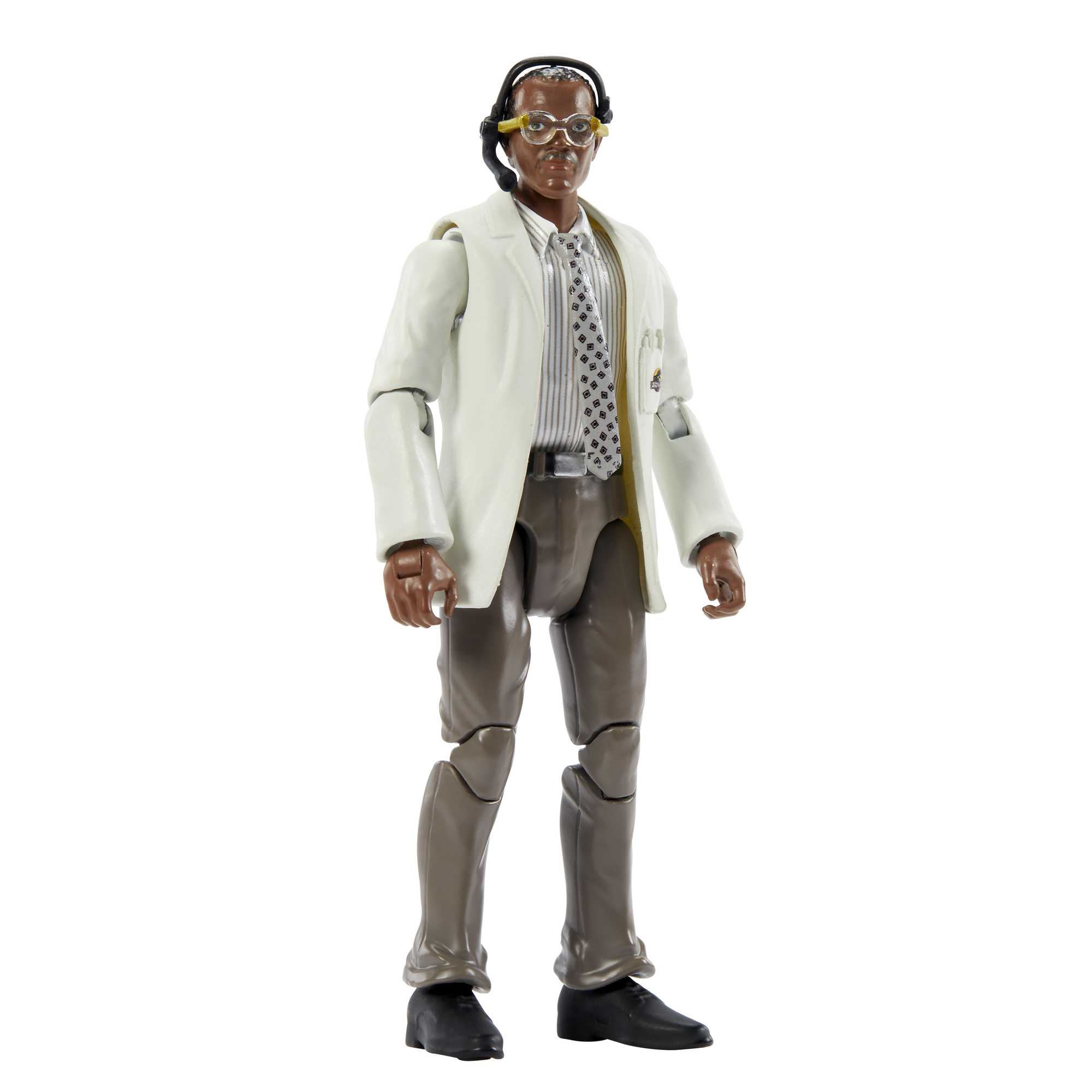Action figure di un uomo con occhiali, camice bianco e cravatta. Indossa delle cuffie.