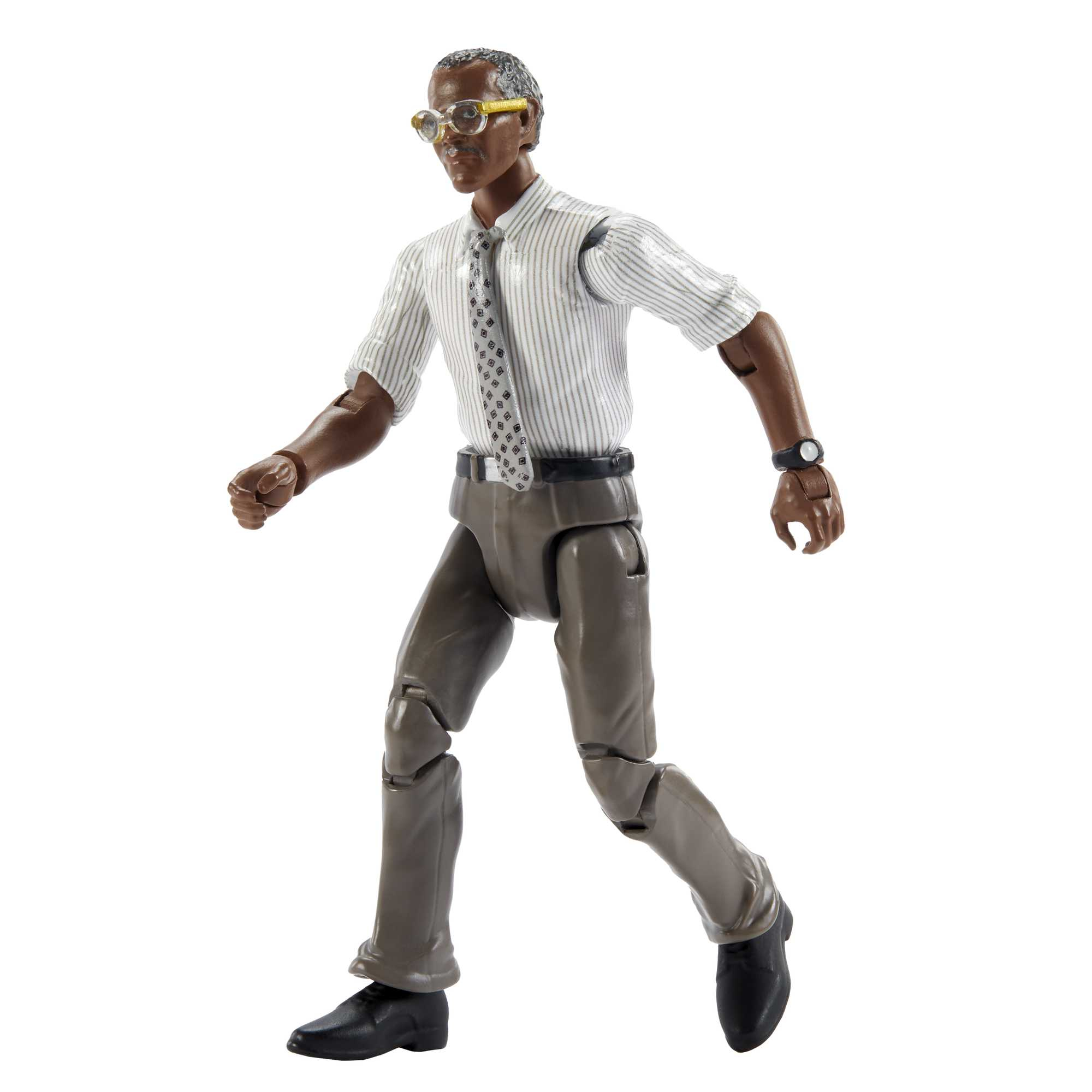 Action figure di un uomo che cammina con camicia a righe, cravatta e pantaloni grigi. Indossa gli occhiali.