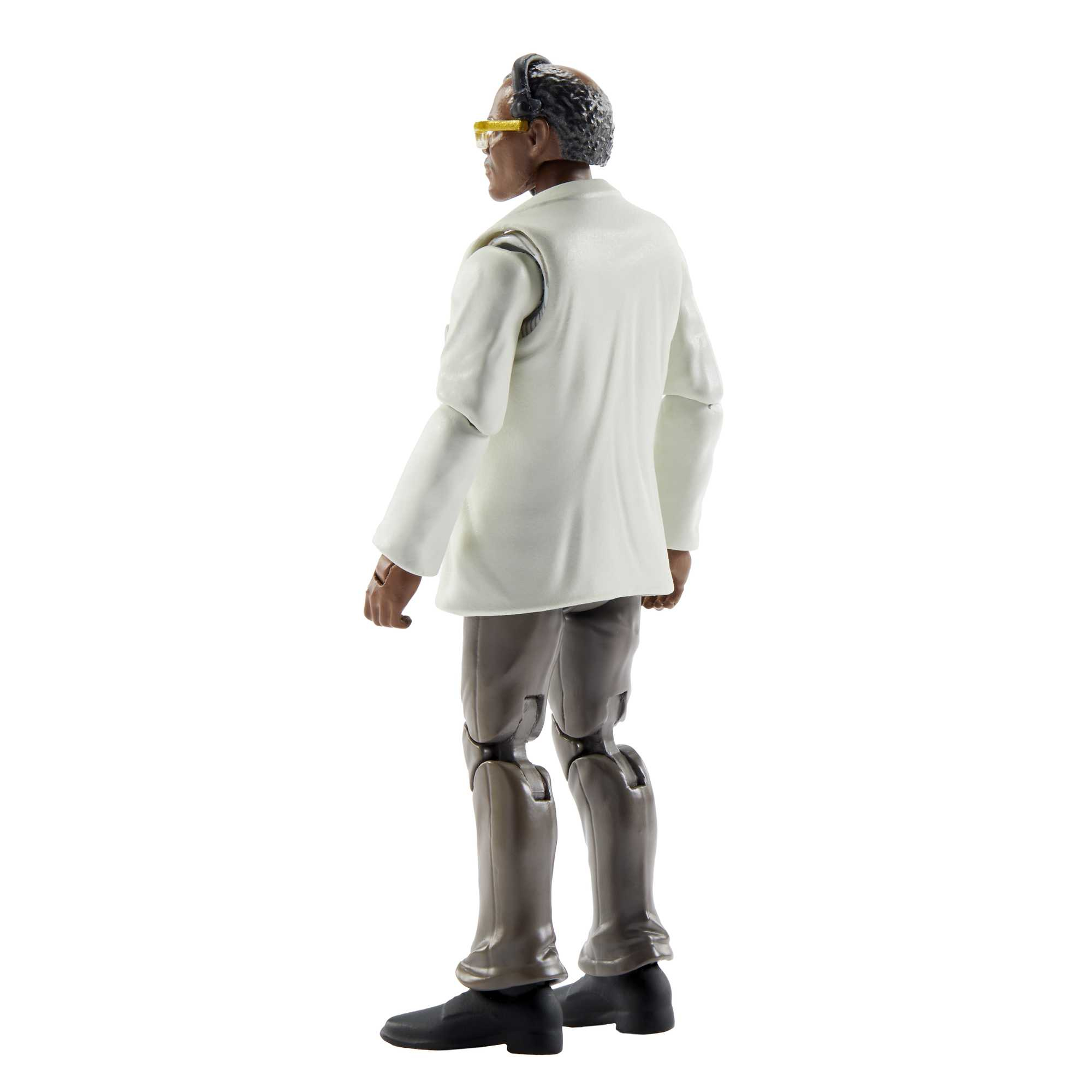 Una statuetta di scienziato con camice bianco, pantaloni grigi e scarpe nere, con occhiali gialli.