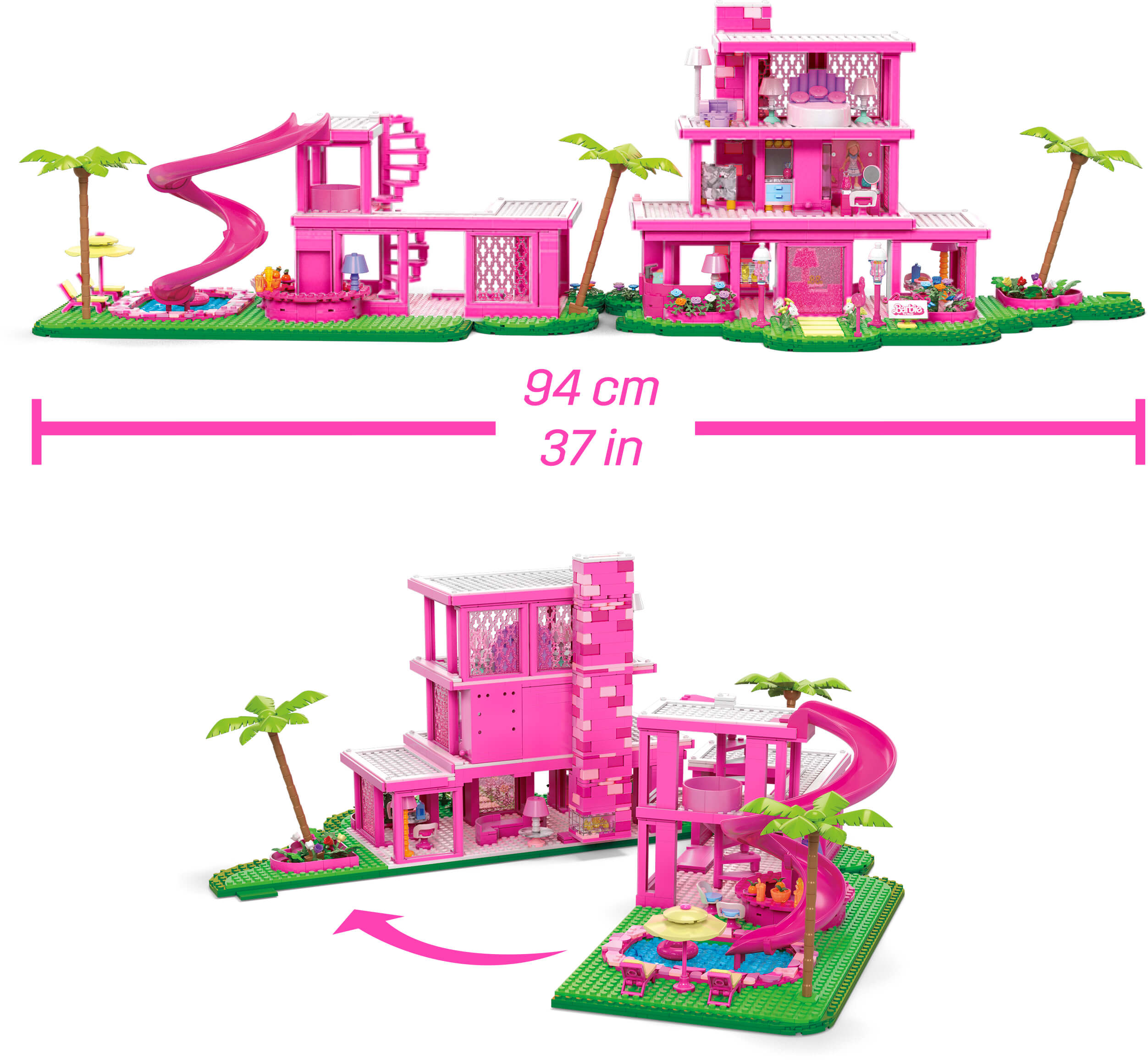 Różowy domek zabaw z zjeżdżalniami i palmami. Zawiera etykiety pomiarowe.