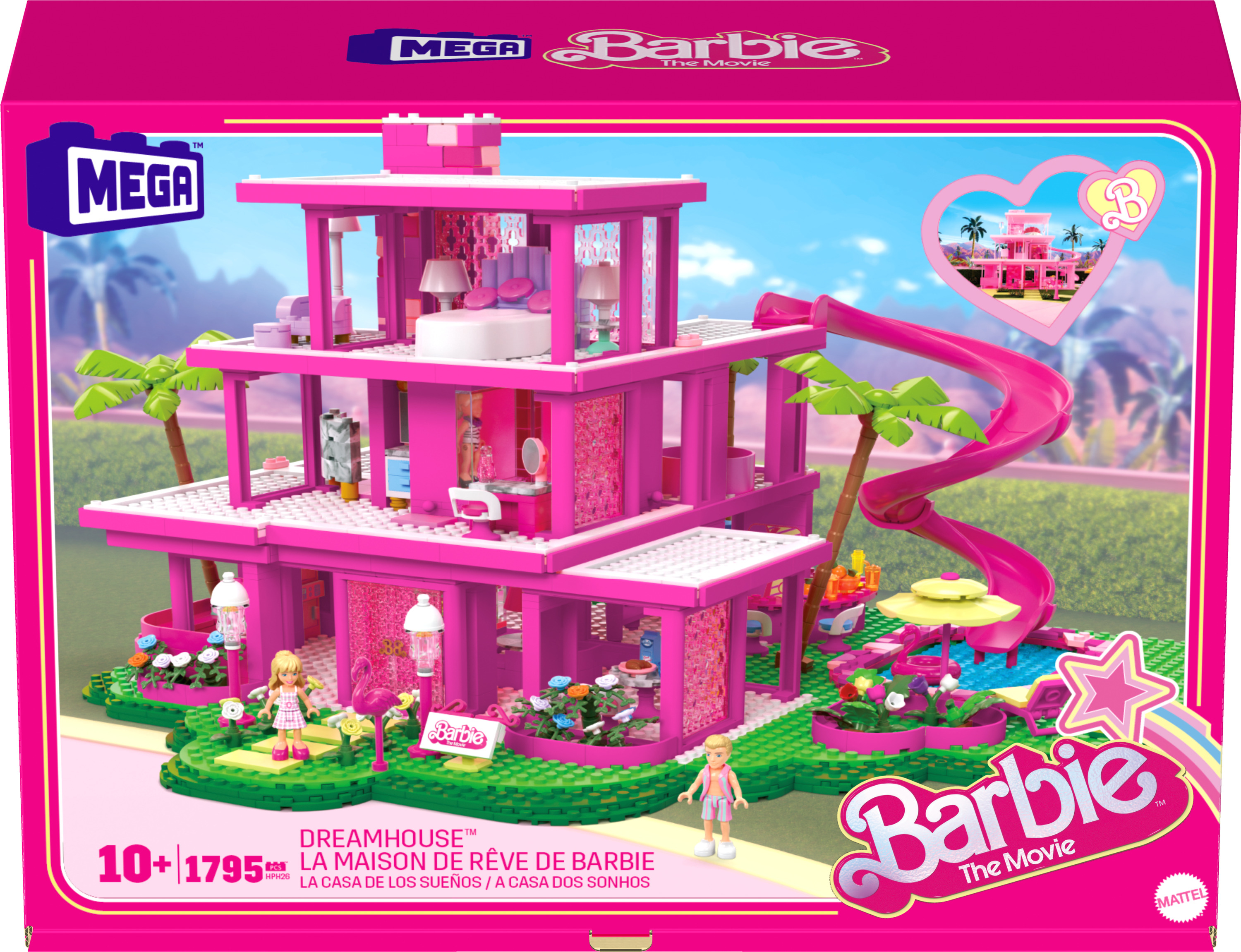 Zestaw zabawek Barbie Dreamhouse w kolorze różowym z różową zjeżdżalnią, palmami i figurkami Barbie. Jest w pudełku.