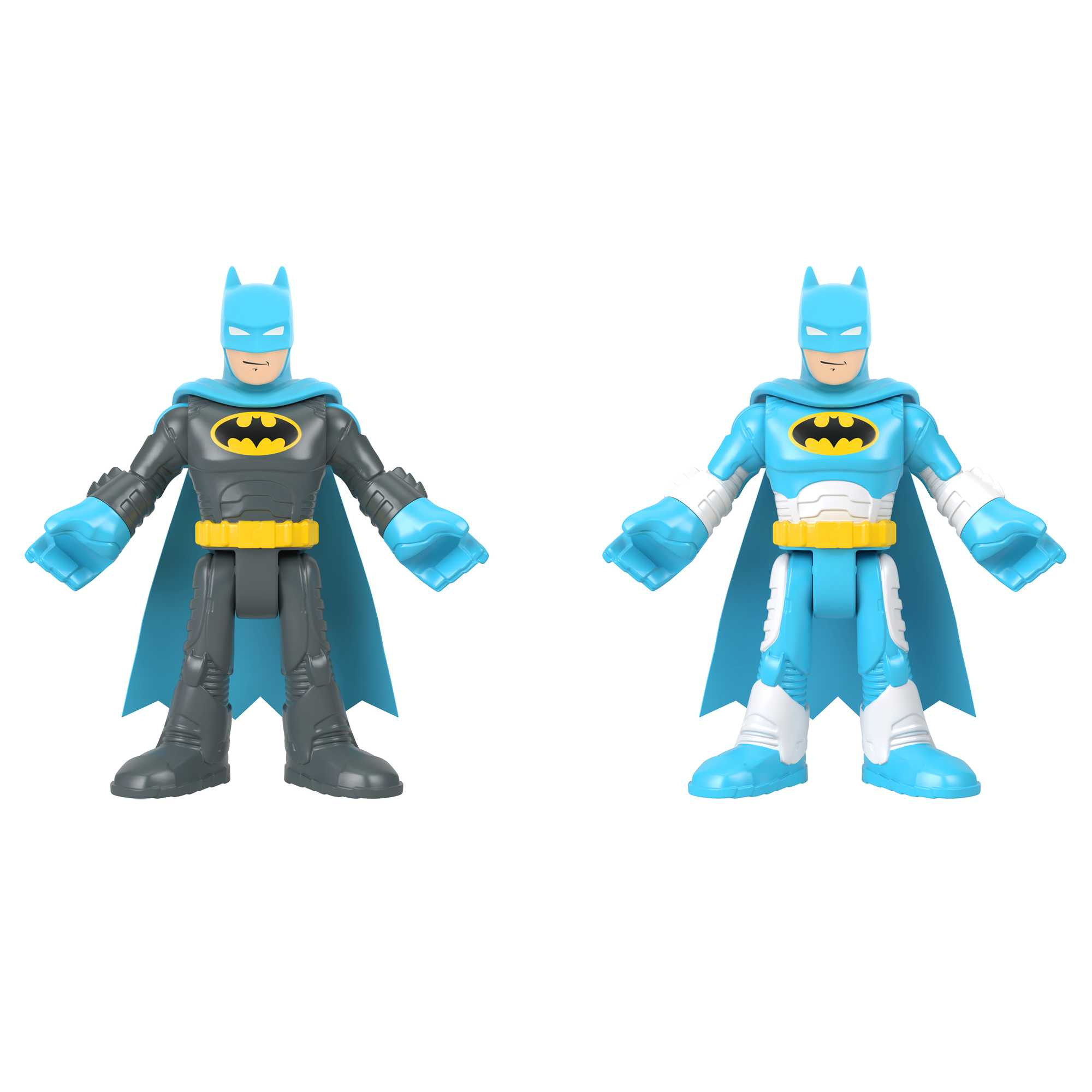 Due giocattoli di Batman, uno grigio e uno blu, entrambi con mantelli e il logo di Batman.