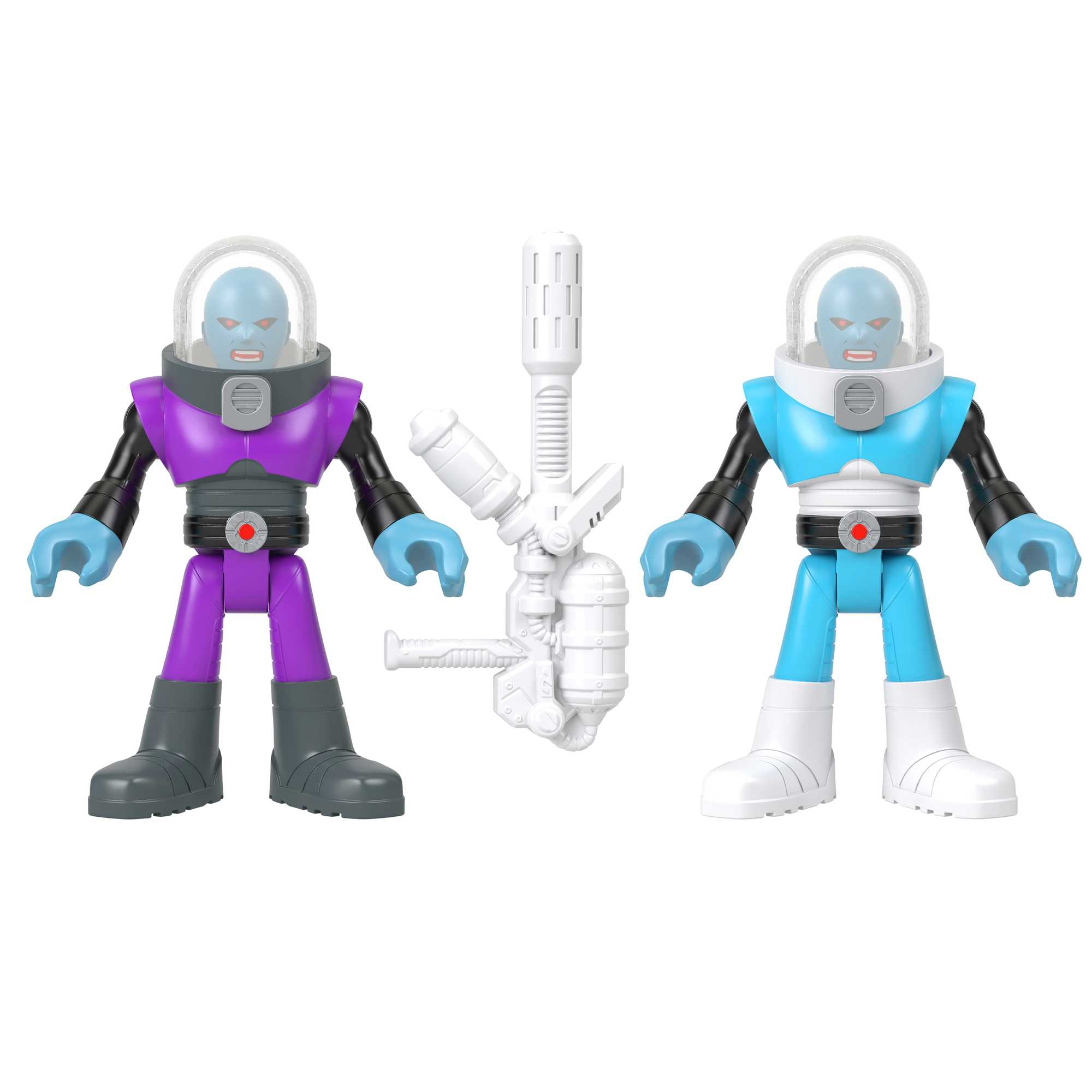Due action figure di Mr. Freeze con una pistola congelante. Una figura è viola, l'altra blu. Sfondo bianco.