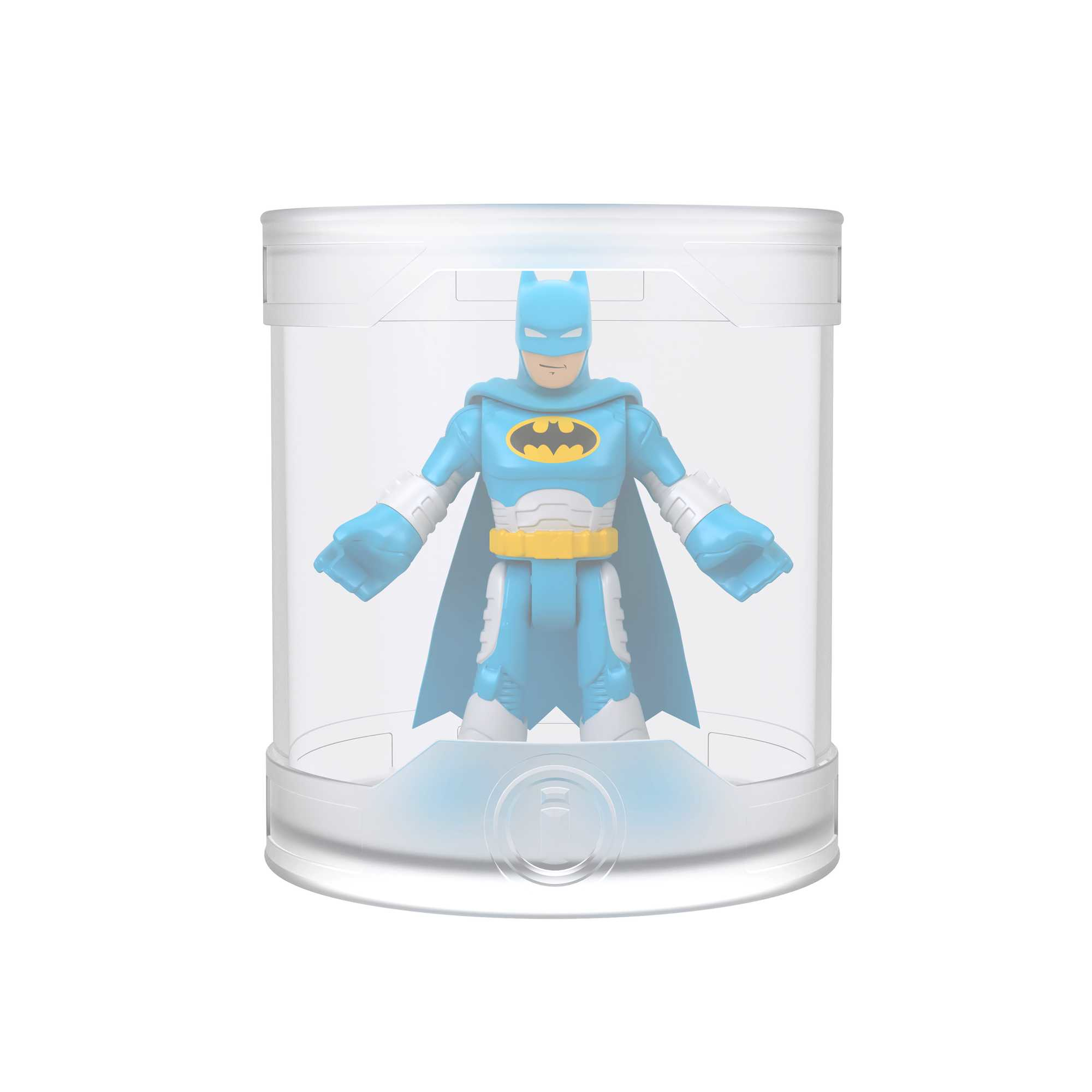 Un personaggio giocattolo di Batman in un contenitore trasparente. Il personaggio è blu e bianco.