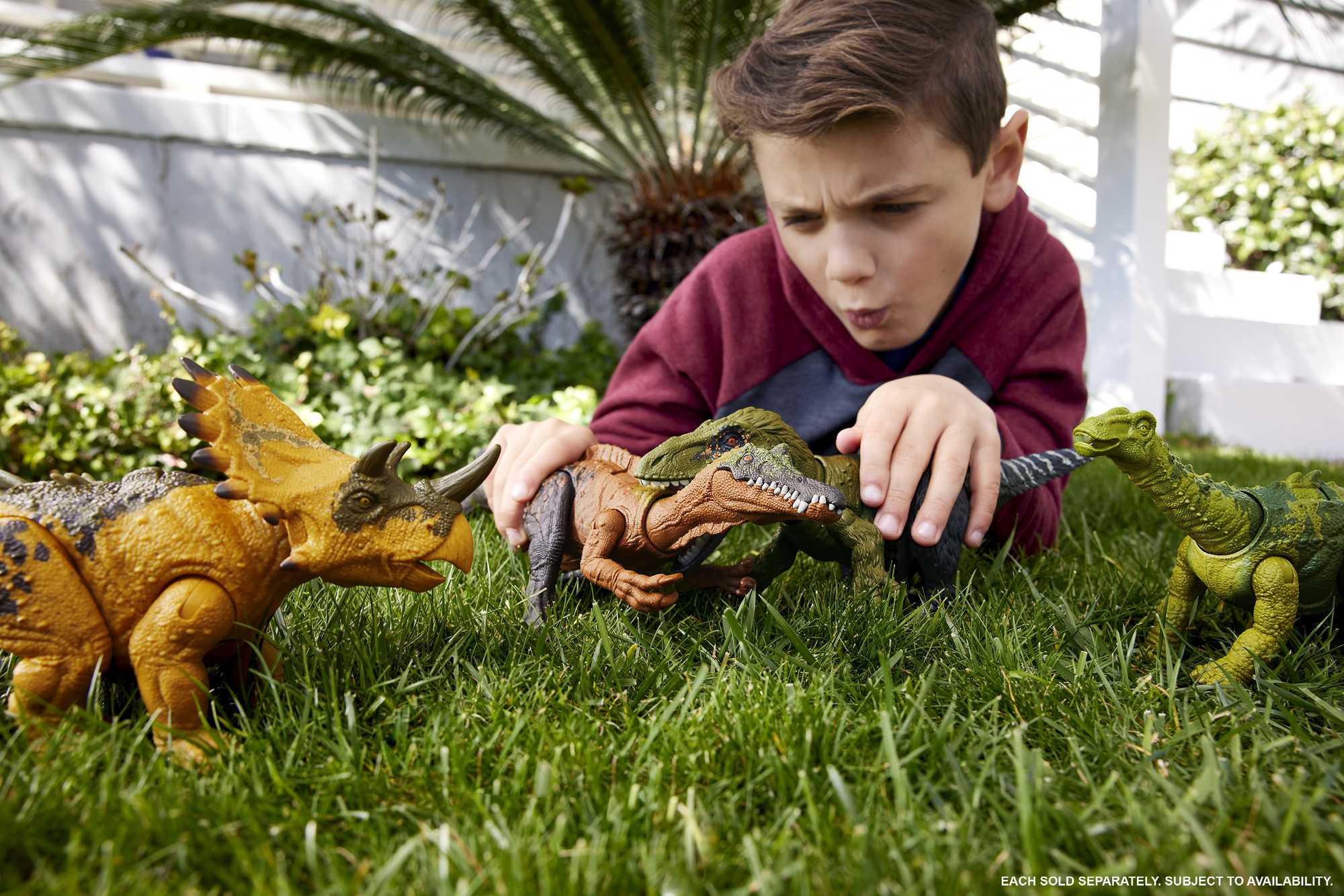 Un bambino che gioca con giocattoli di dinosauri sull'erba; include un triceratopo e un T-Rex.