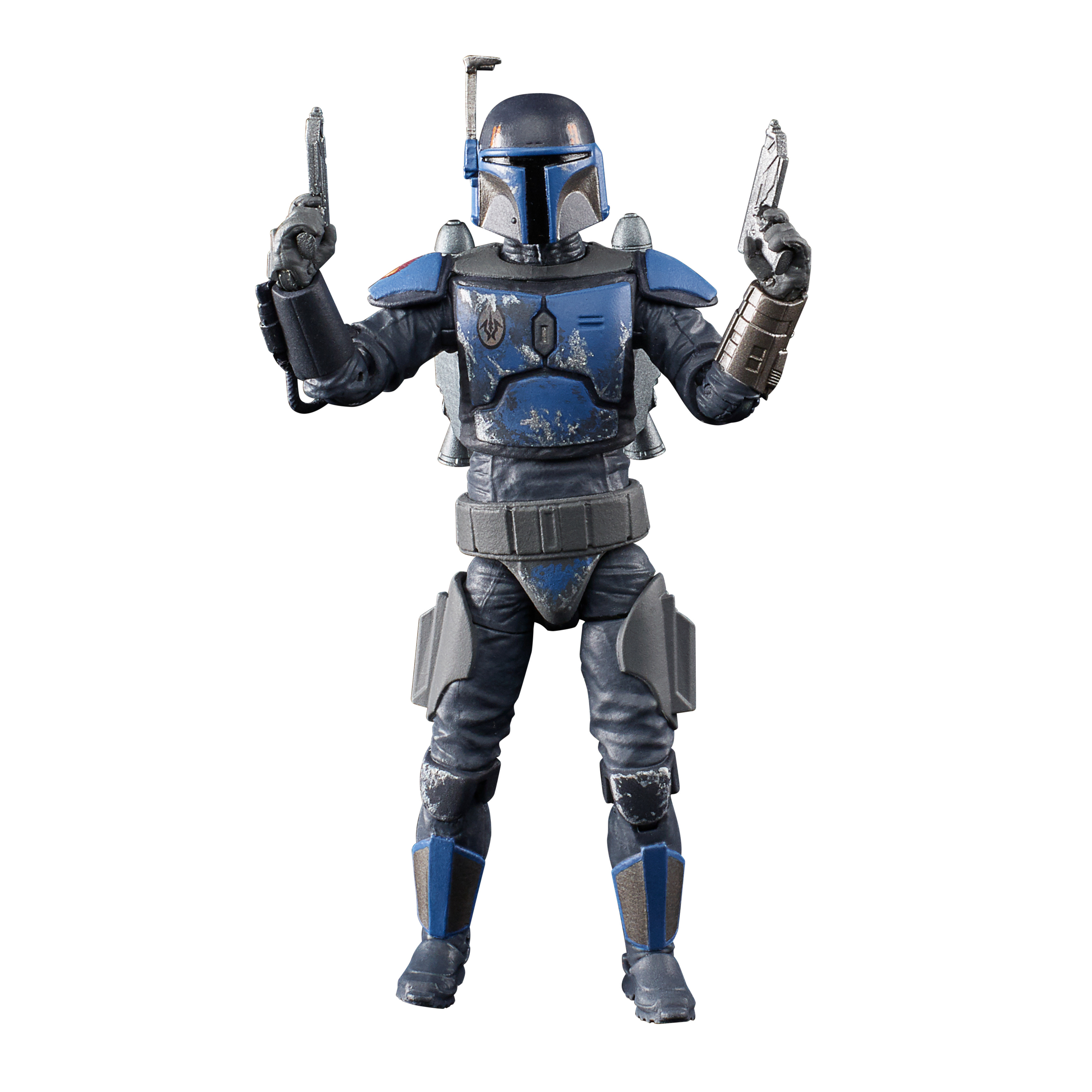 Figurka Star Wars Mandalorian, niebieska zbroja i plecak odrzutowy, trzymająca dwa blastery.