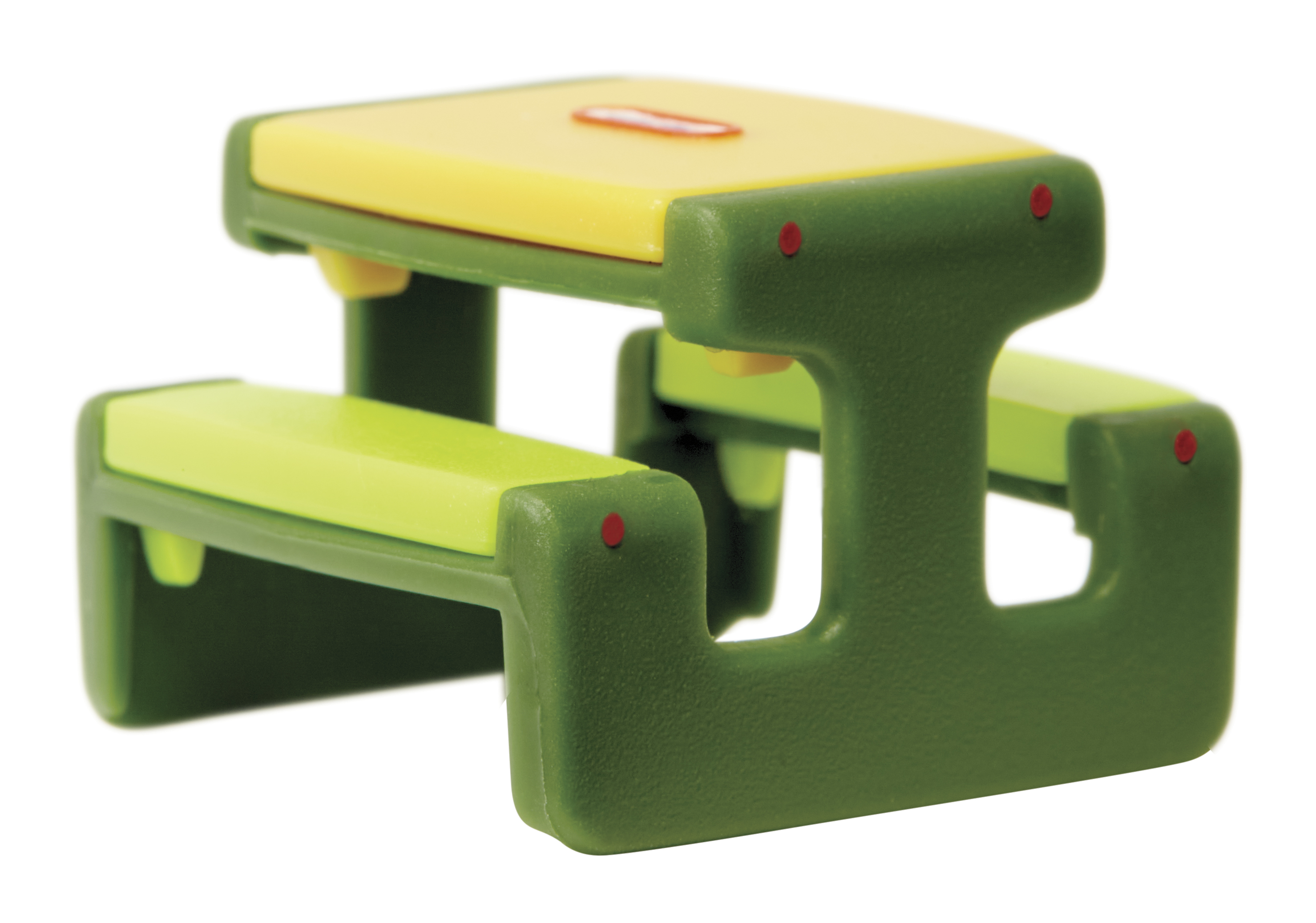 Zielony i żółty stolik piknikowy. Zielone nogi i ławki, żółty blat.