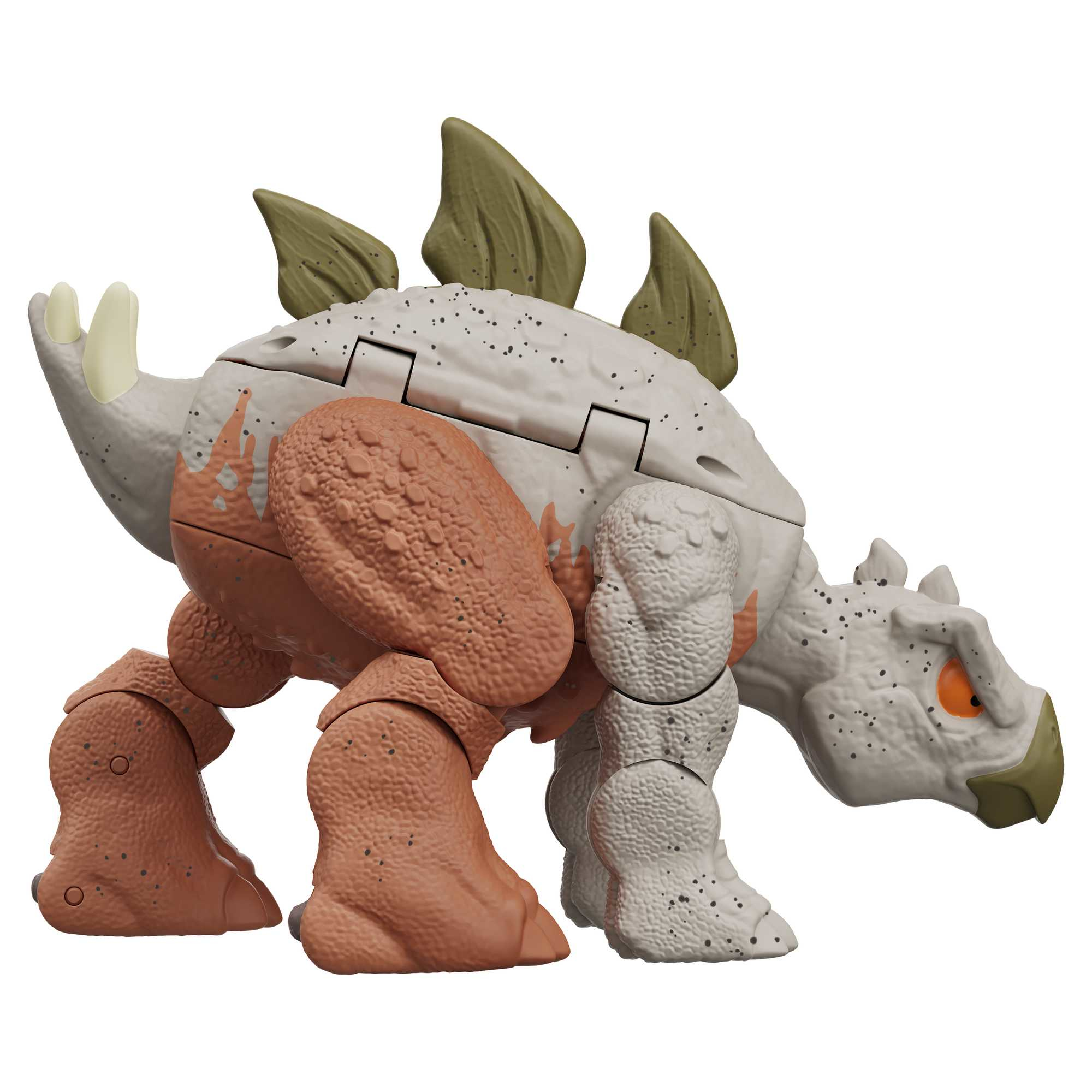 Juguete de Stegosaurus, gris y naranja, púas verdes, vista lateral.