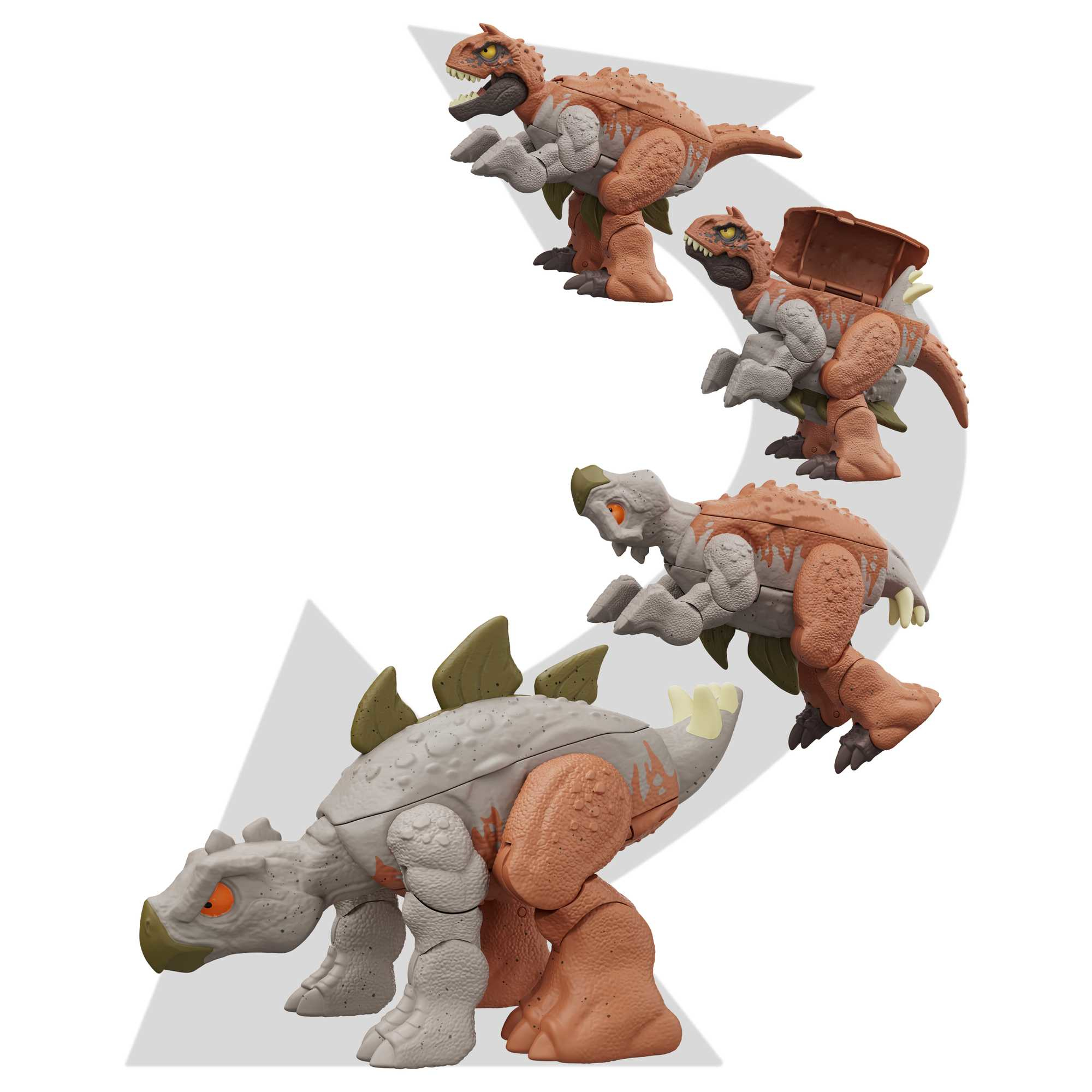 Los dinosaurios se transforman, naranja y gris, la flecha muestra la transformación.